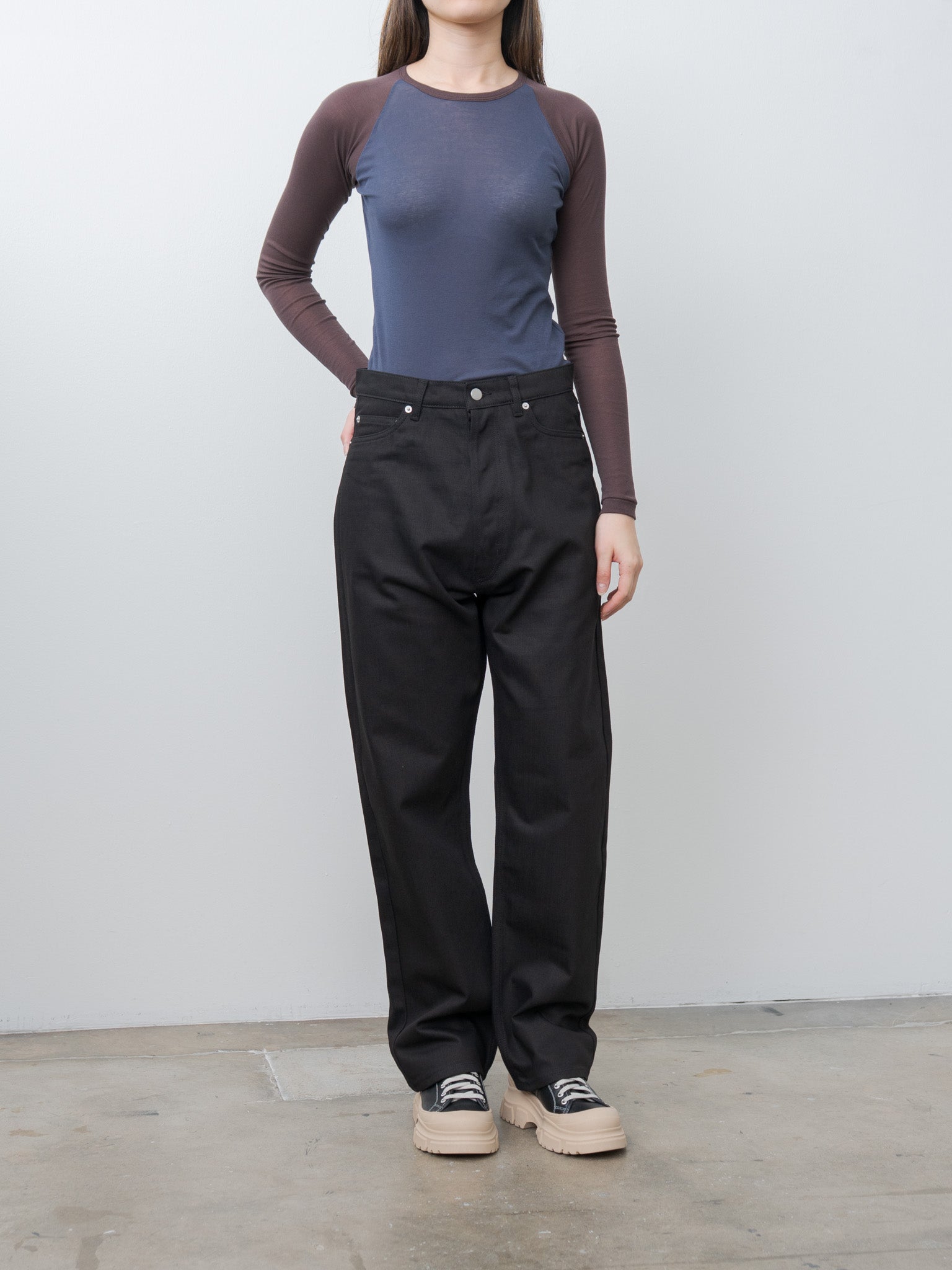 Namu Shop - Auralee Super High Gauge Sheer Rib Raglan P/O - Navy × Dark Brown
