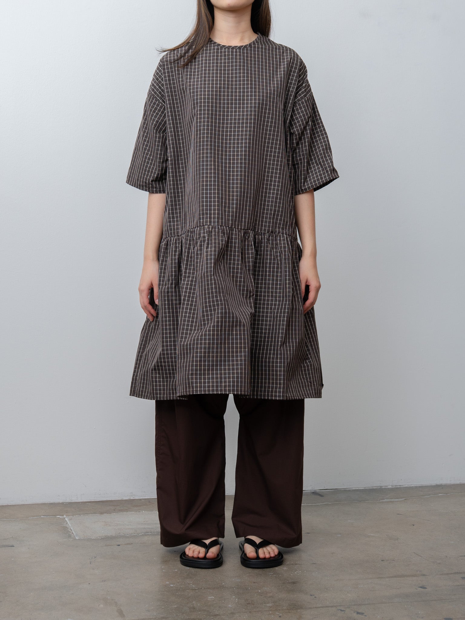 Eleph Short Mumu Dress - Brown Check, Poly Check
