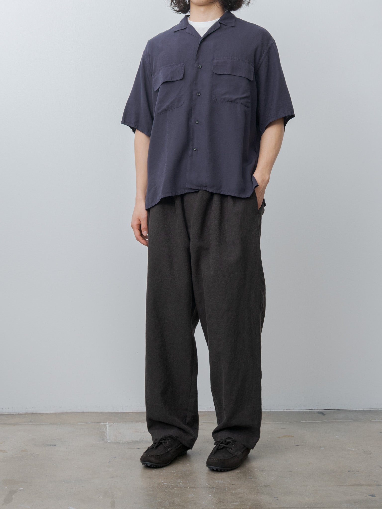 Namu Shop - Y Tencel Poplin Open Collar SH - Navy