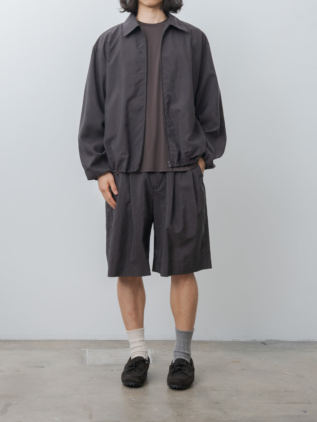 Namu Shop - ssstein Silk Nylon Collared Zip Jacket - Charcoal Brown