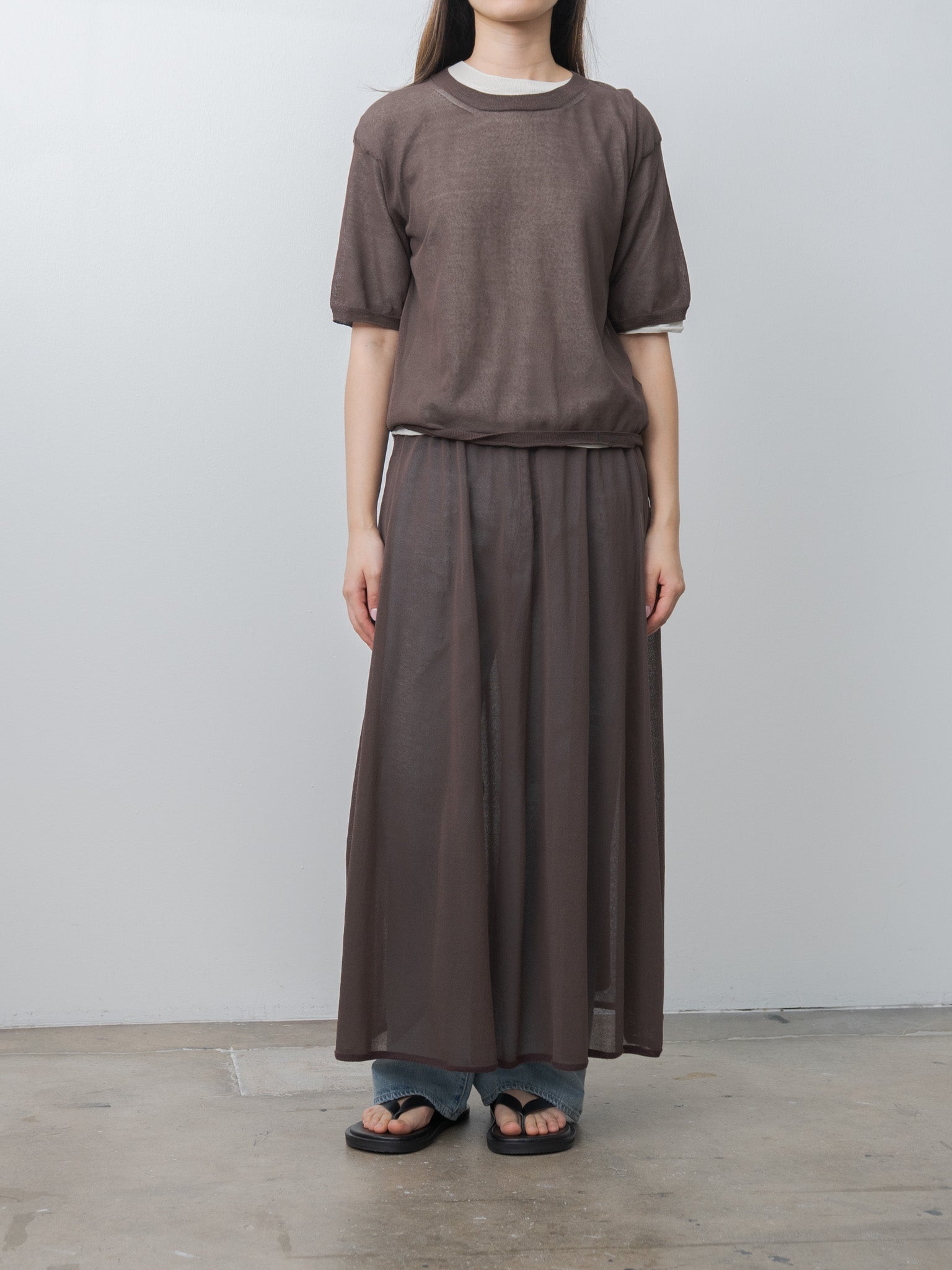 Namu Shop - Unfil High-Twisted Cotton Sheer Knit Layered P/O - Charcoal Brown × Mist Green