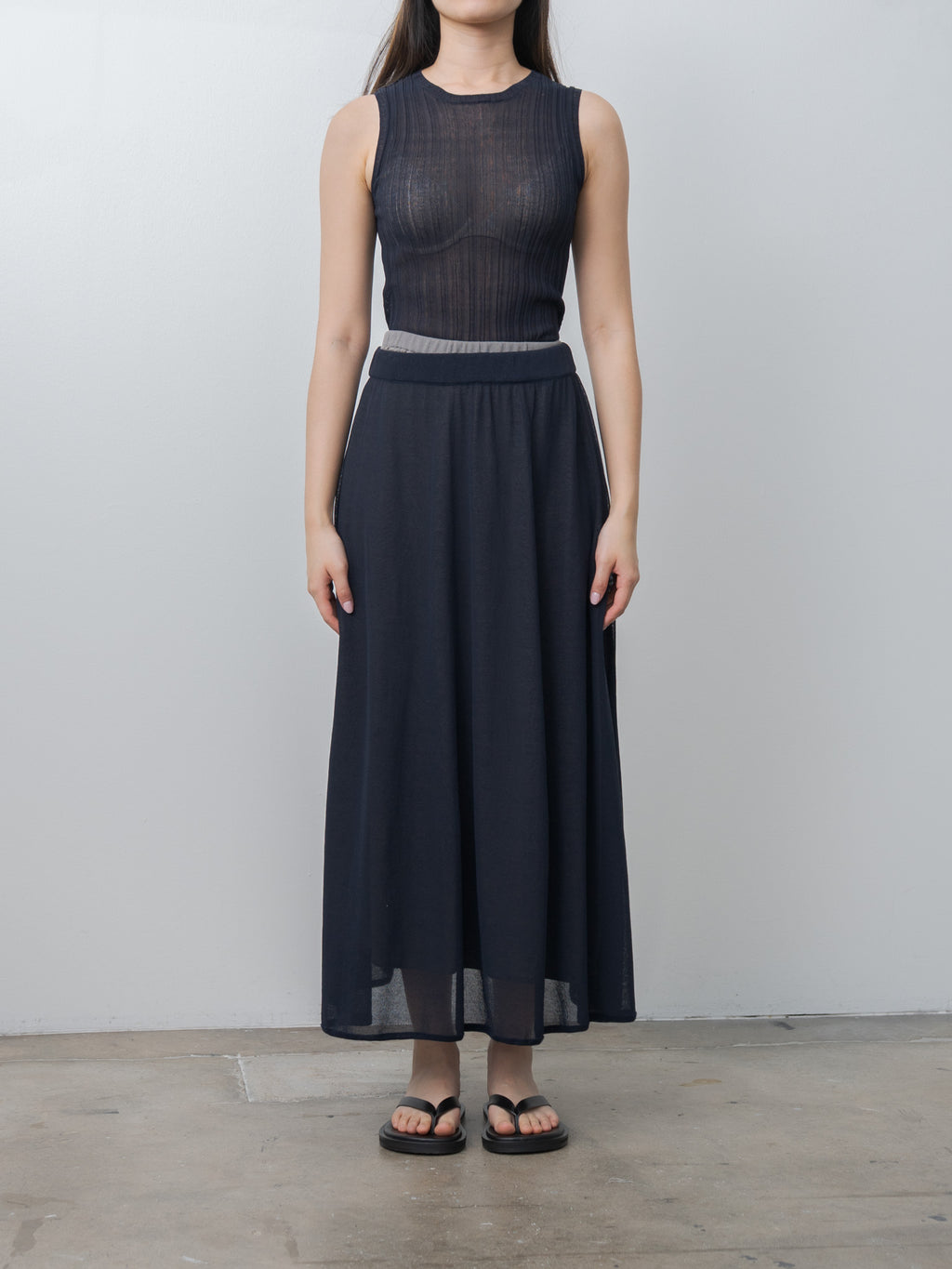 Namu Shop - Unfil High-Twisted Cotton Sheer Knit Layered Skirt - Navy × Steel Gray
