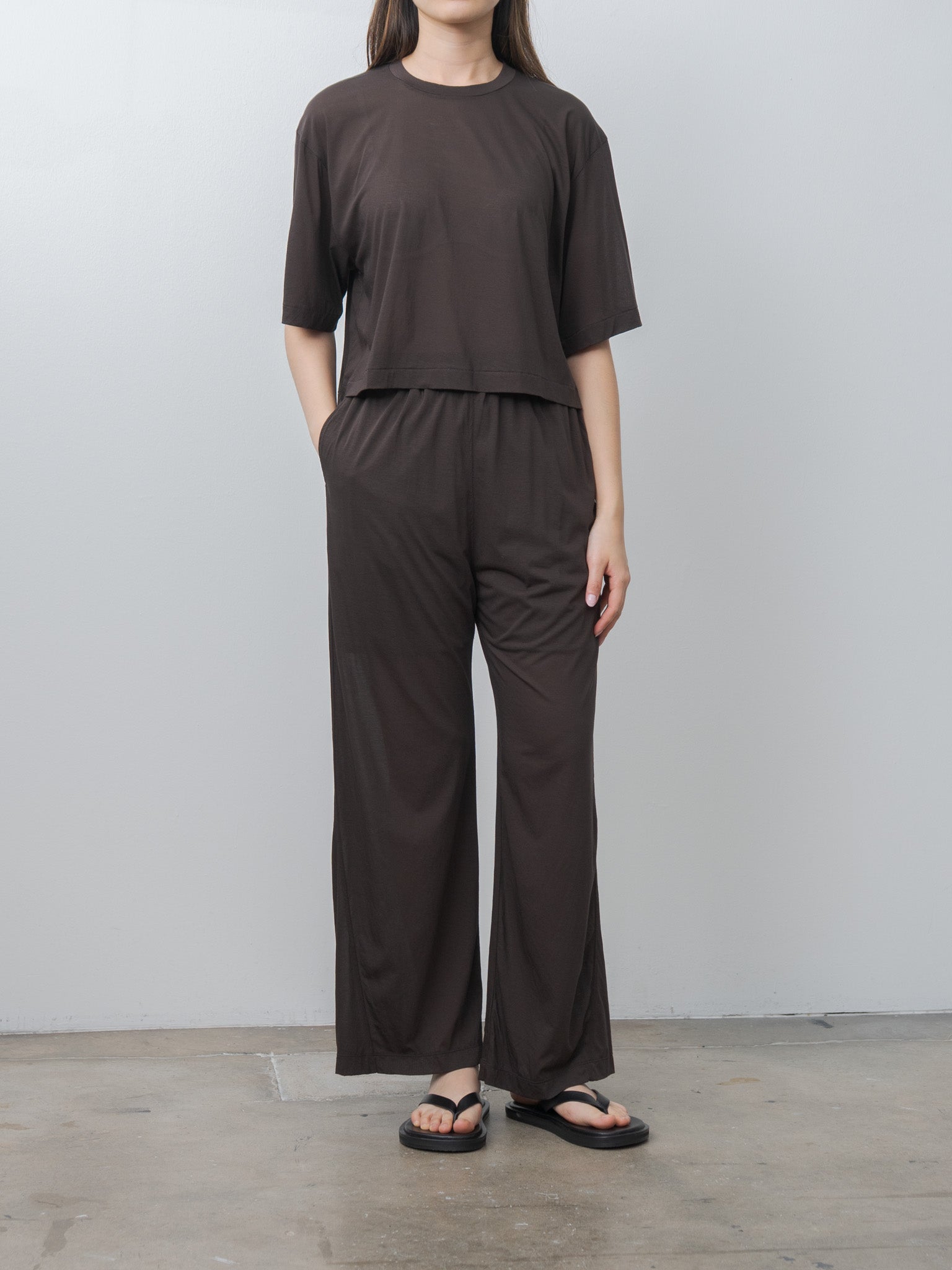 Namu Shop - Unfil Twisted Cotton Sheer Jersey Wide Pants - Dark Brown
