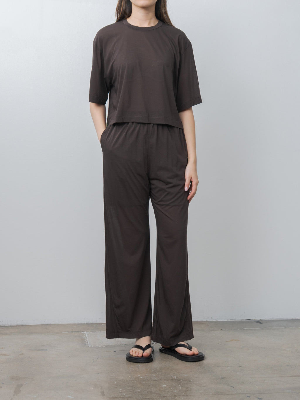 Namu Shop - Unfil Twisted Cotton Sheer Jersey Wide Pants - Dark Brown