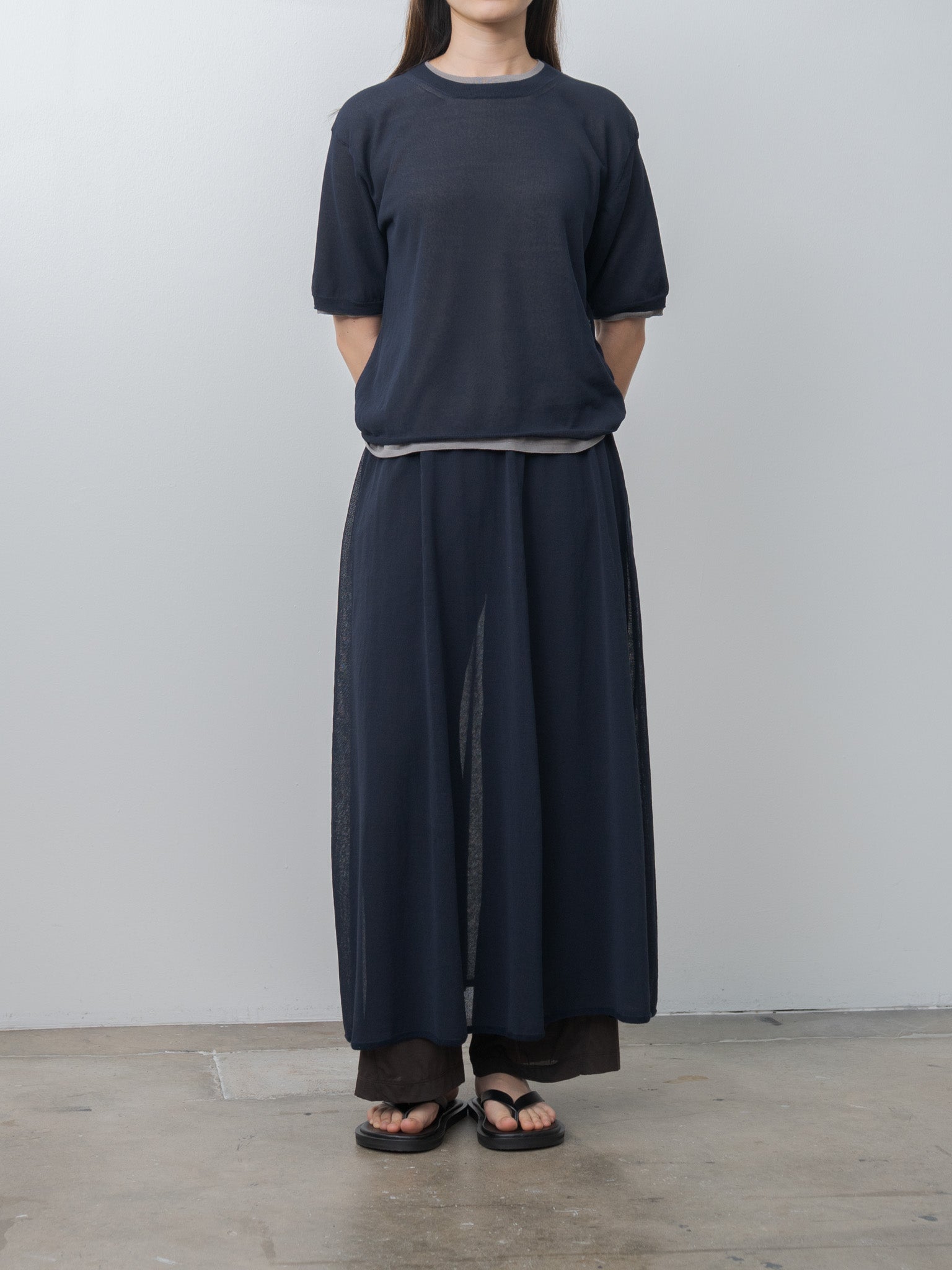 Namu Shop - Unfil High-Twisted Cotton Sheer Knit Layered Skirt - Navy × Steel Gray