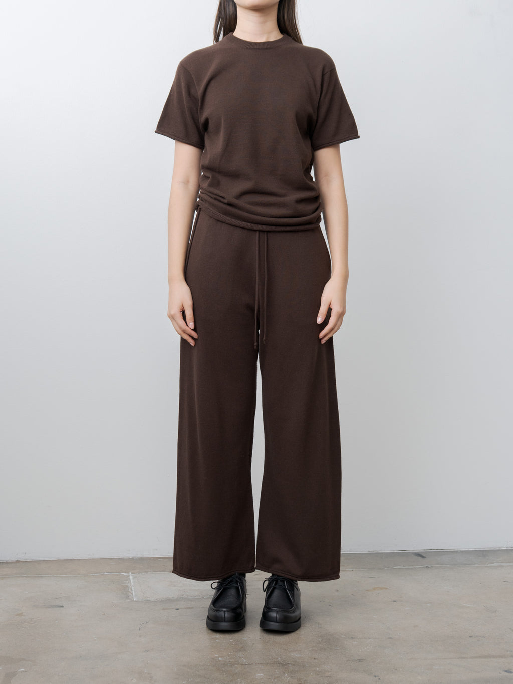 Brushed Silk Cotton Short-Sleeve Gathered P/O - Dark Brown