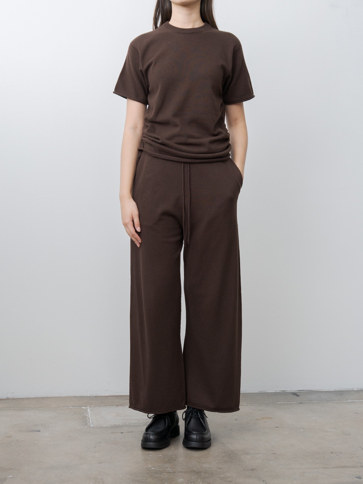 Brushed Silk Cotton Short-Sleeve Gathered P/O - Dark Brown