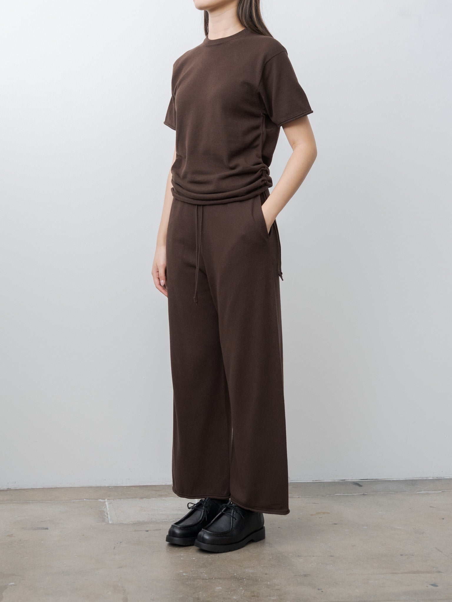 Brushed Silk Cotton Short-Sleeve Gathered P/O - Dark Brown