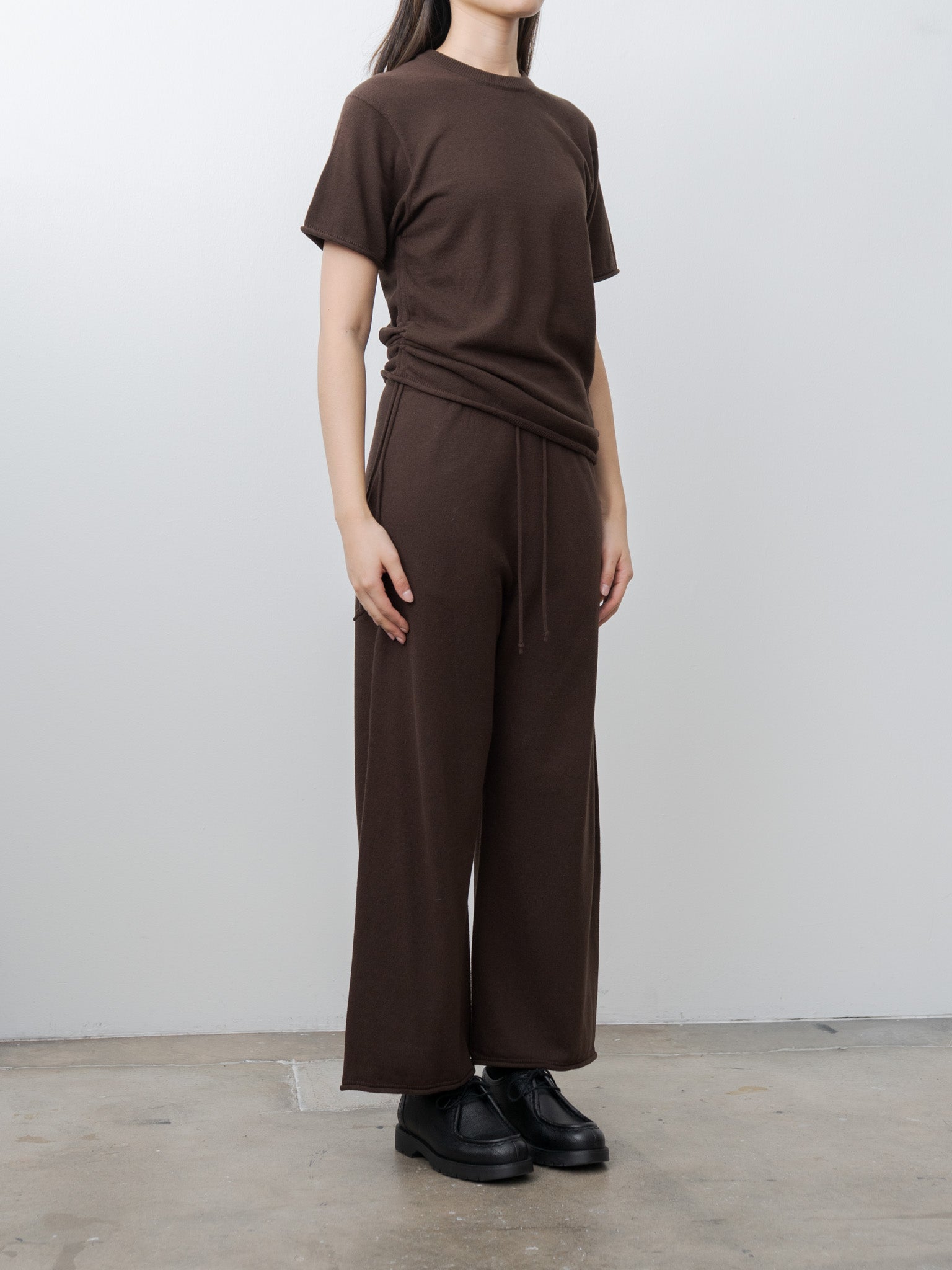 Brushed Silk Cotton Short-Sleeve Gathered P/O - Dark Brown