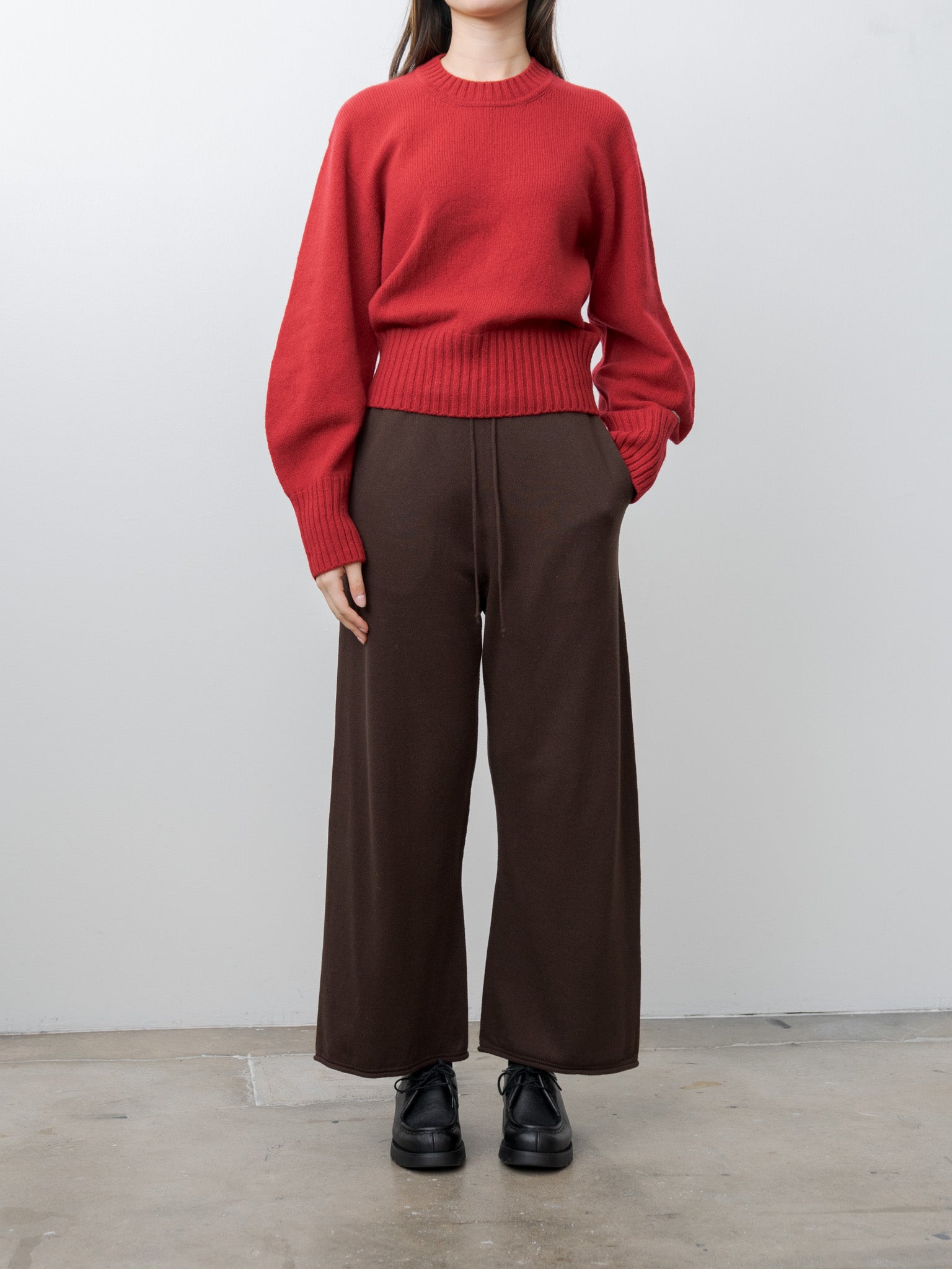 Brushed Silk Cotton Wide Straight Pants - Dark Brown