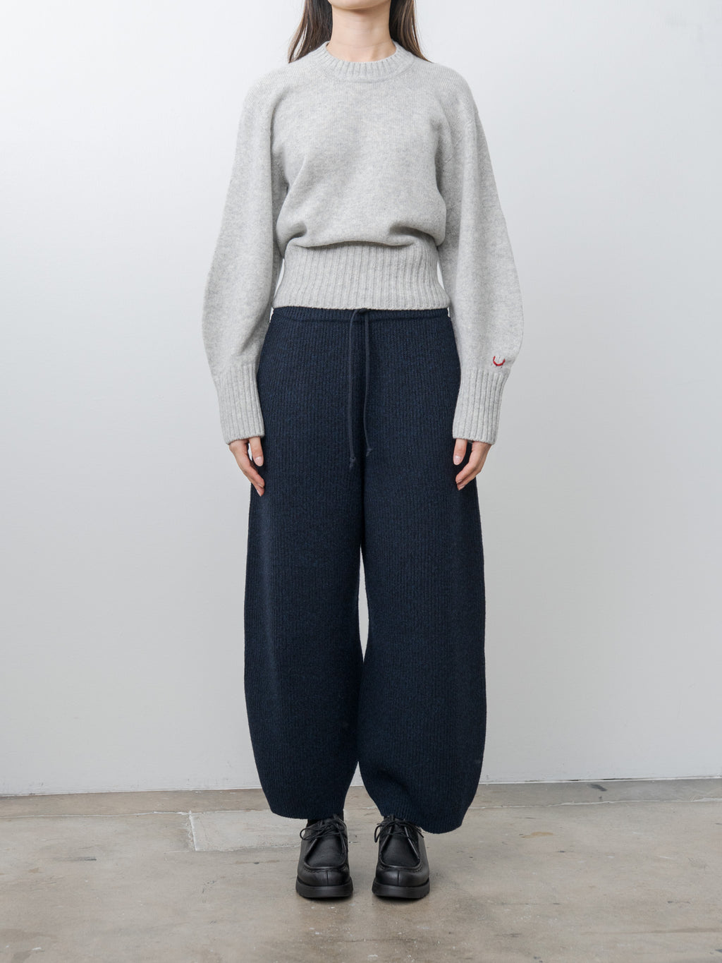 Woolen Cotton & Fine Lambswool Ribbed Wide Pants - Black Navy