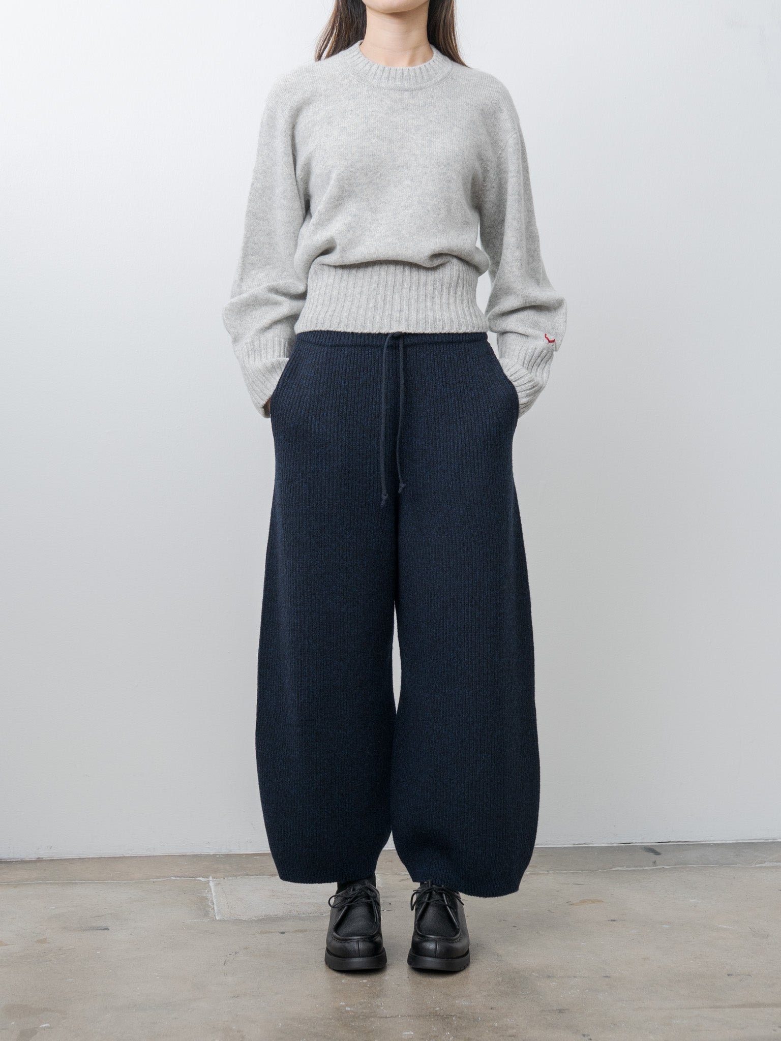 Woolen Cotton & Fine Lambswool Ribbed Wide Pants - Black Navy