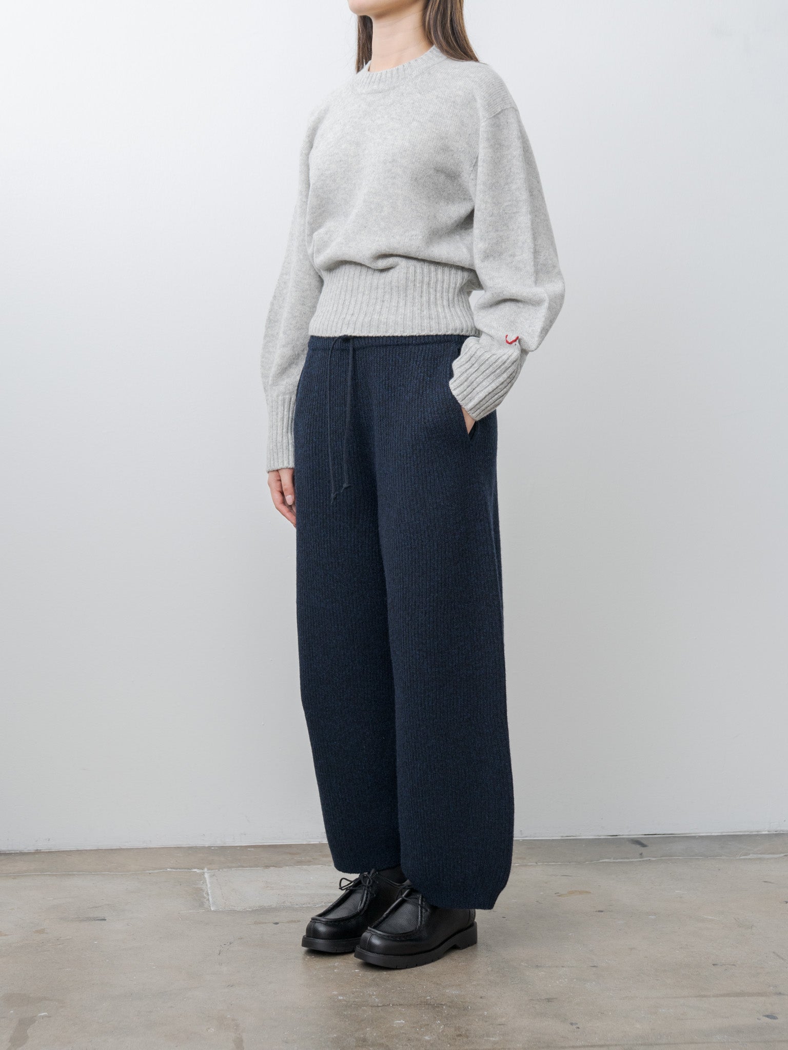 Woolen Cotton & Fine Lambswool Ribbed Wide Pants - Black Navy