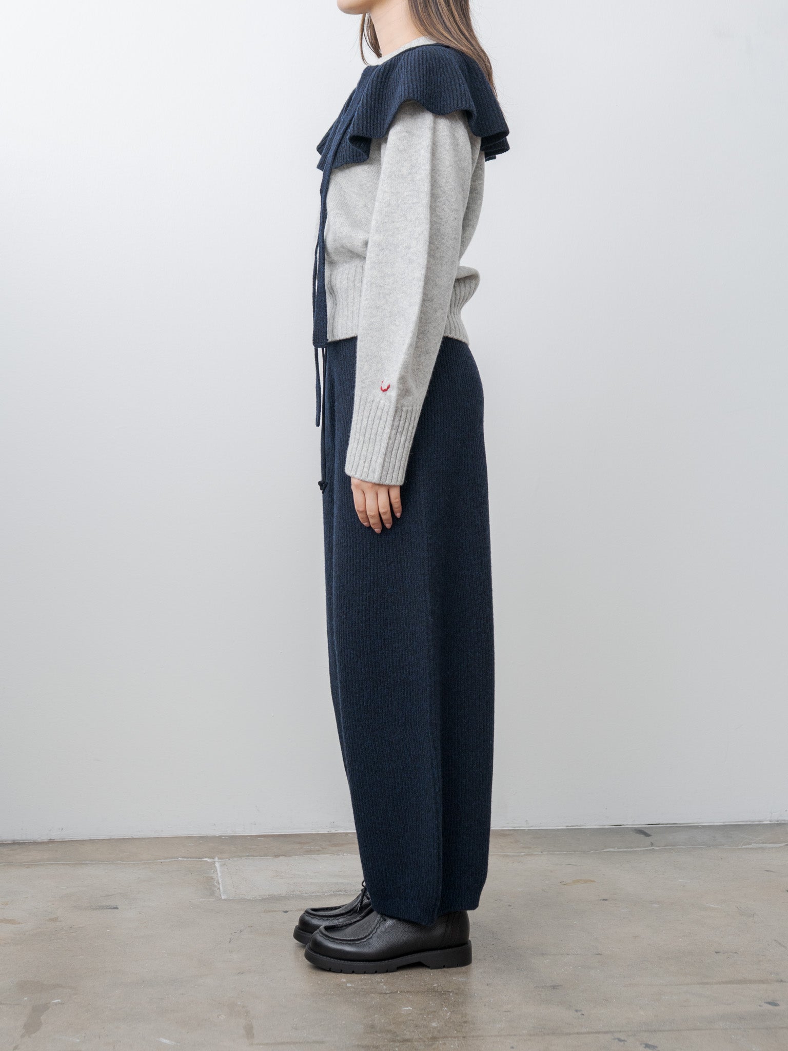 Woolen Cotton & Fine Lambswool Ribbed Wide Pants - Black Navy