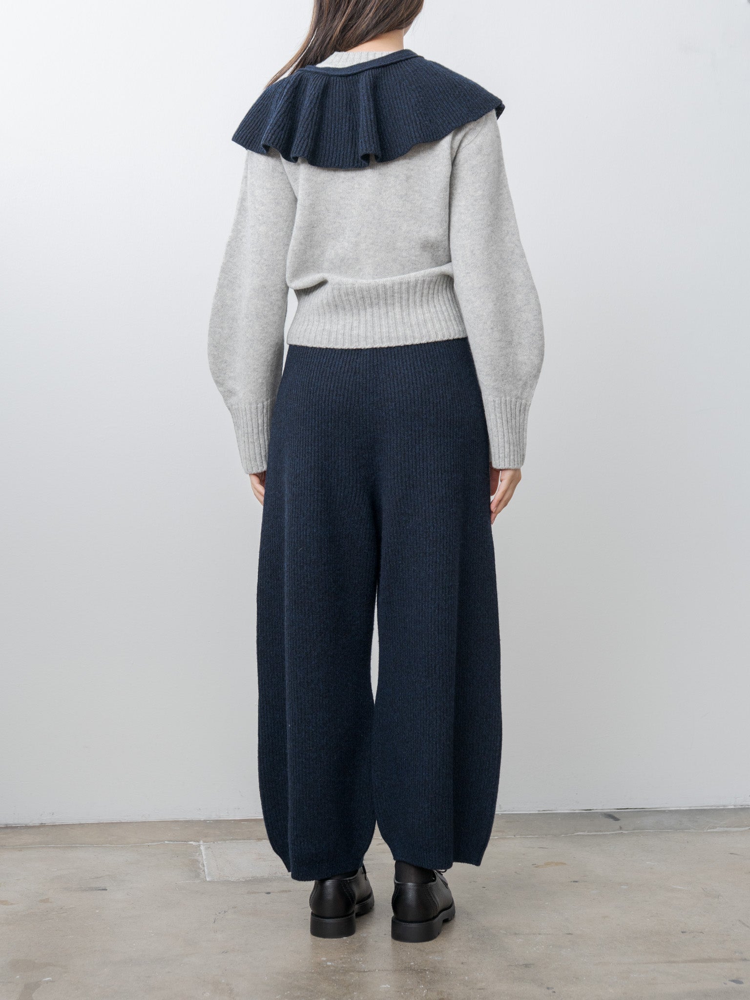 Woolen Cotton & Fine Lambswool Ribbed Wide Pants - Black Navy