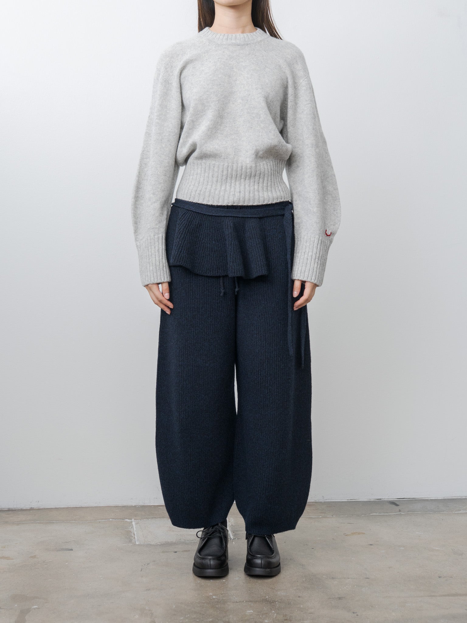 Woolen Cotton & Fine Lambswool Ribbed Wide Pants - Black Navy