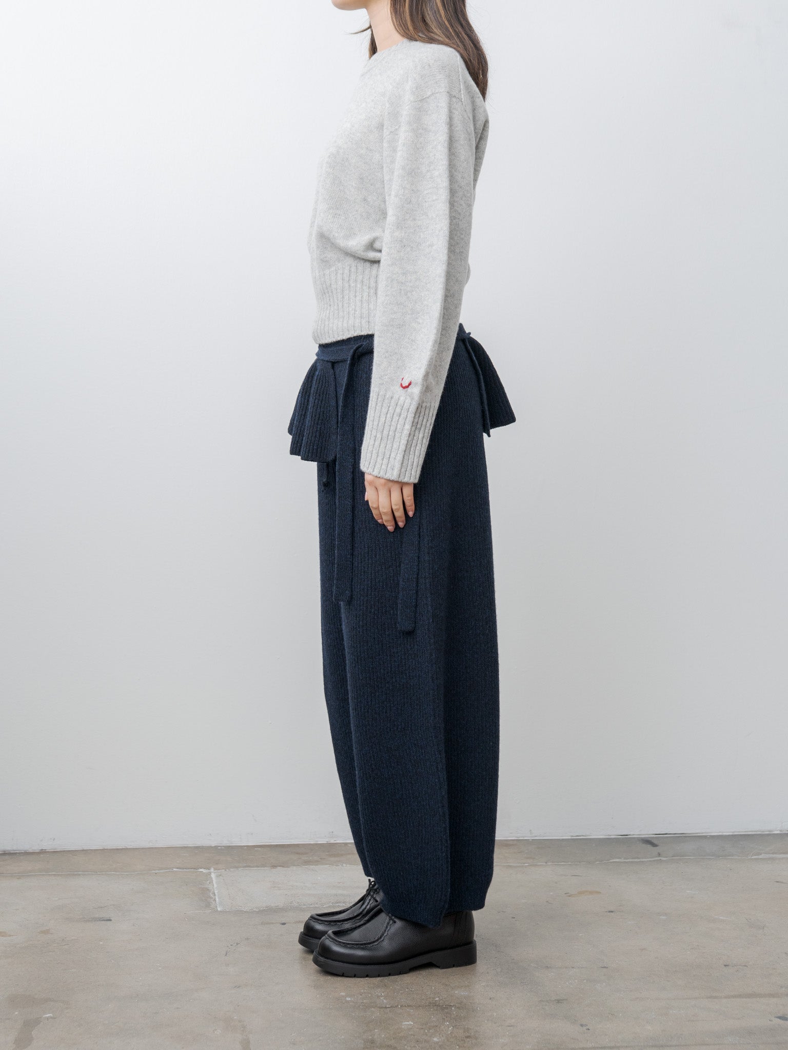 Woolen Cotton & Fine Lambswool Ribbed Wide Pants - Black Navy