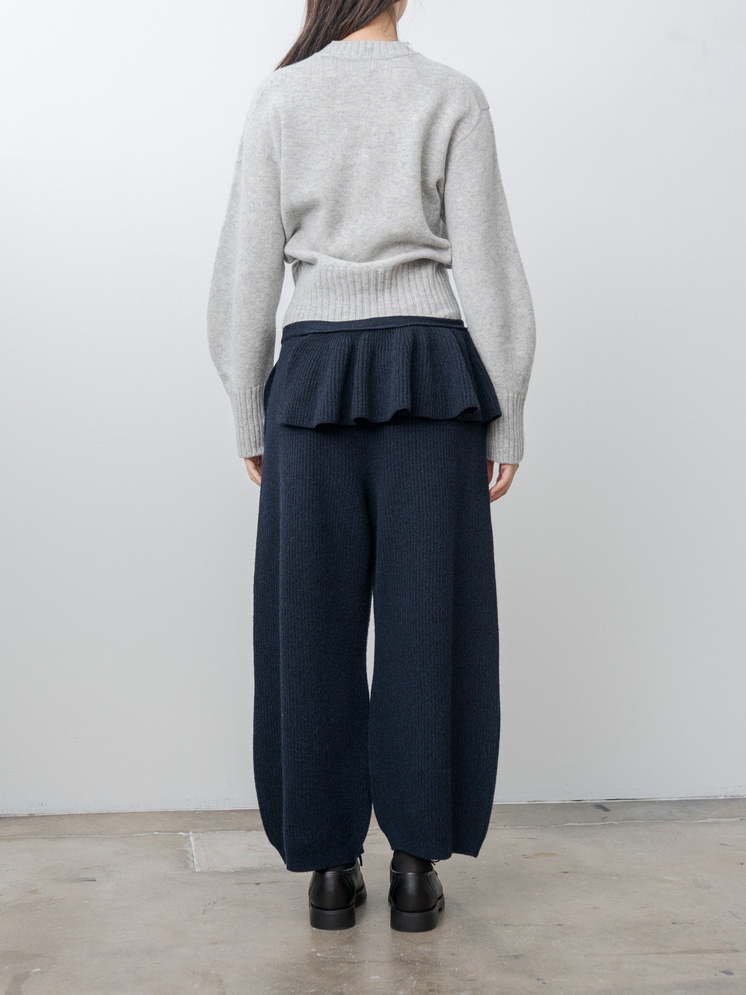 Woolen Cotton & Fine Lambswool Ribbed Wide Pants - Black Navy