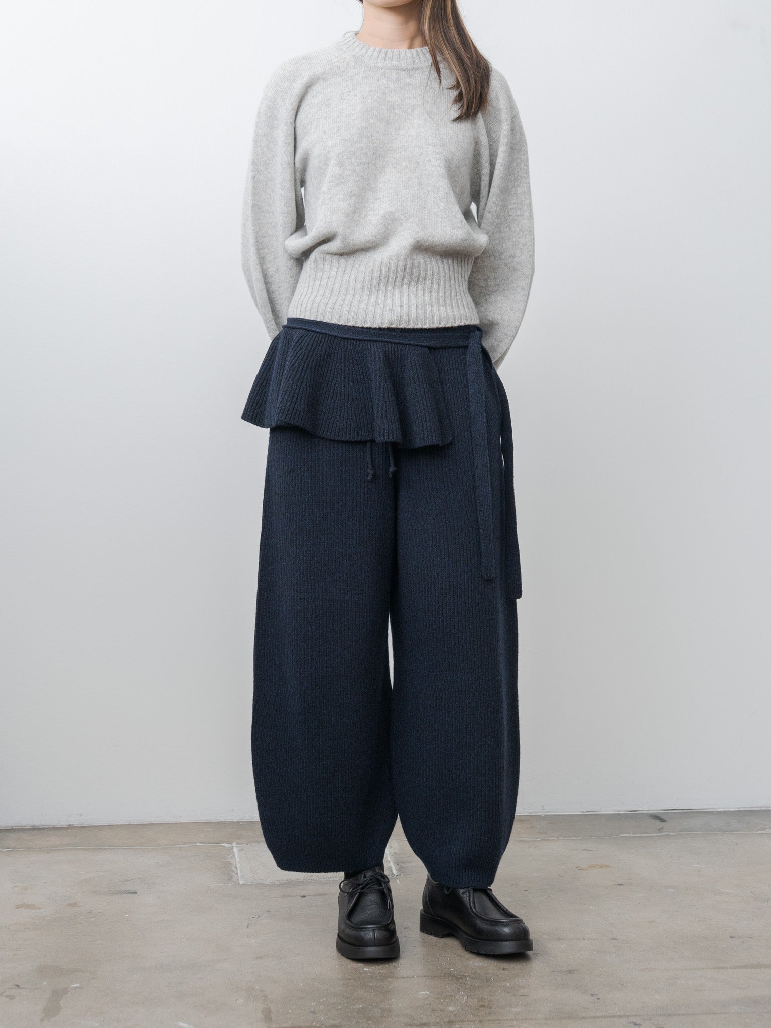 Woolen Cotton & Fine Lambswool Ribbed Wide Pants - Black Navy