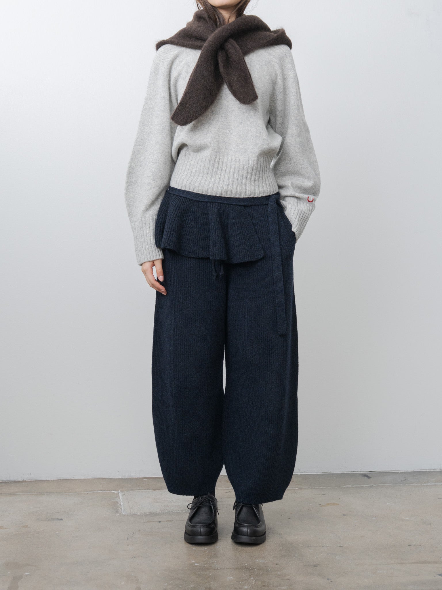 Woolen Cotton & Fine Lambswool Ribbed Wide Pants - Black Navy