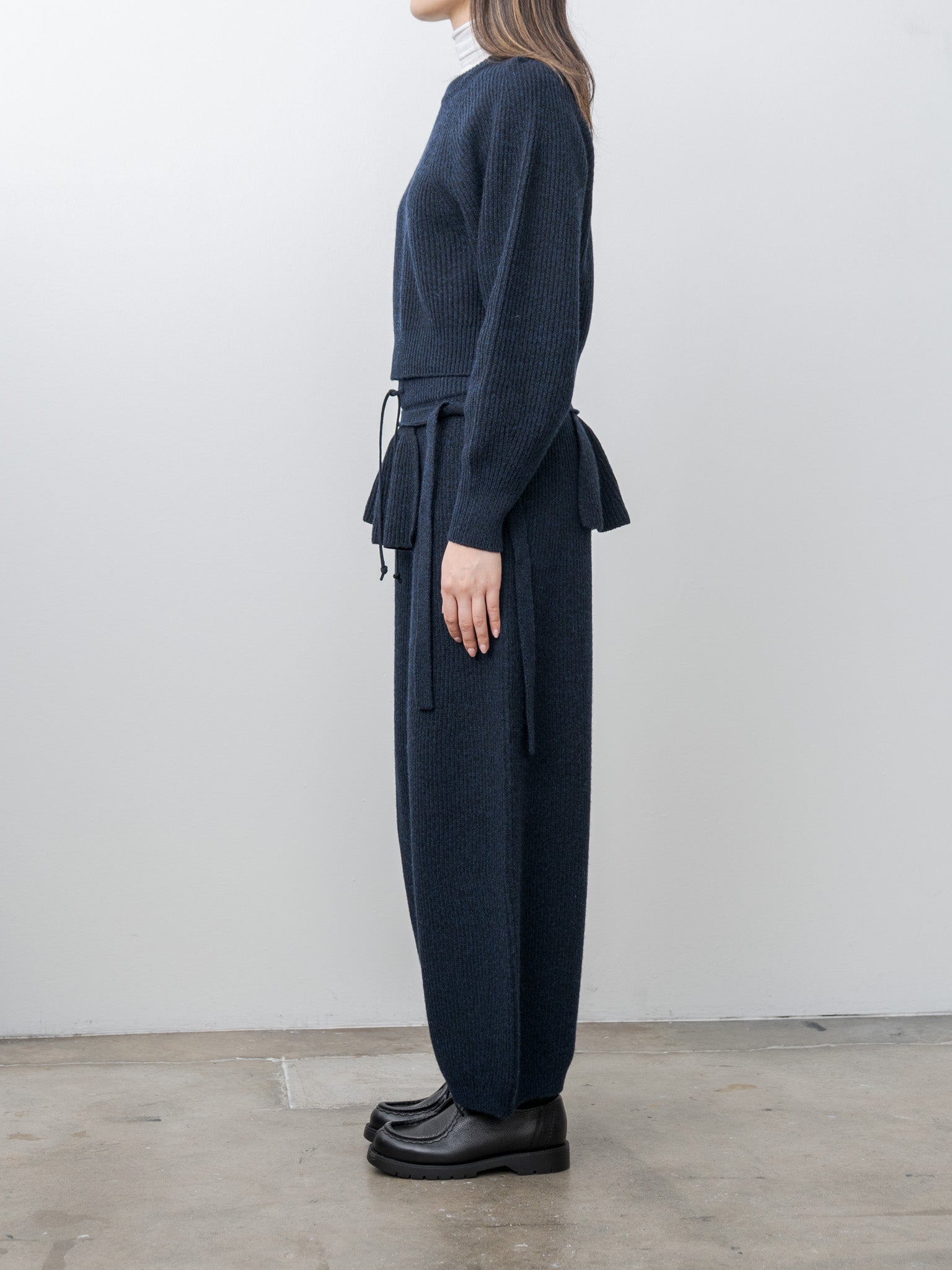 Woolen Cotton & Fine Lambswool Ribbed Wide Pants - Black Navy