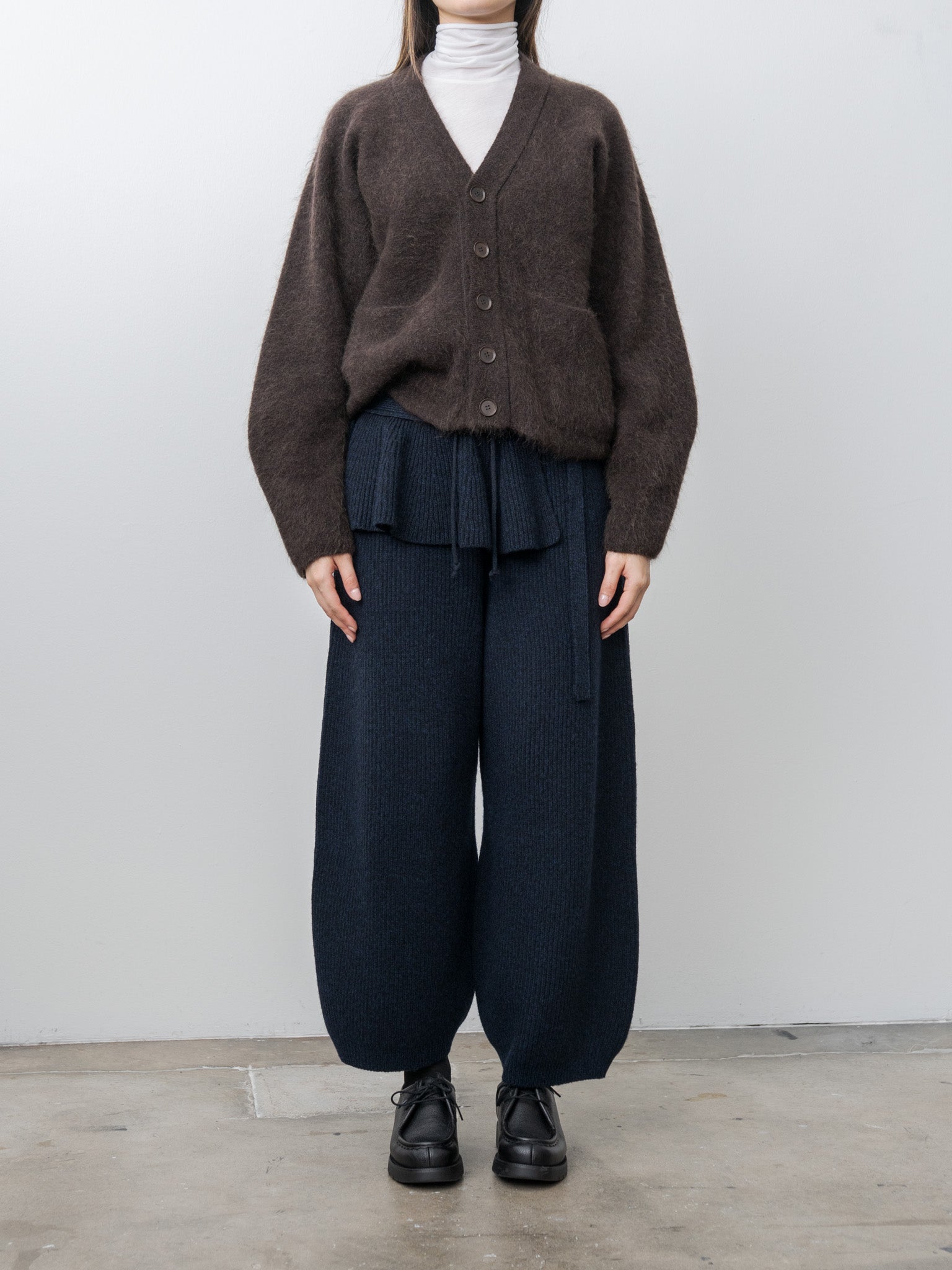Woolen Cotton & Fine Lambswool Ribbed Wide Pants - Black Navy