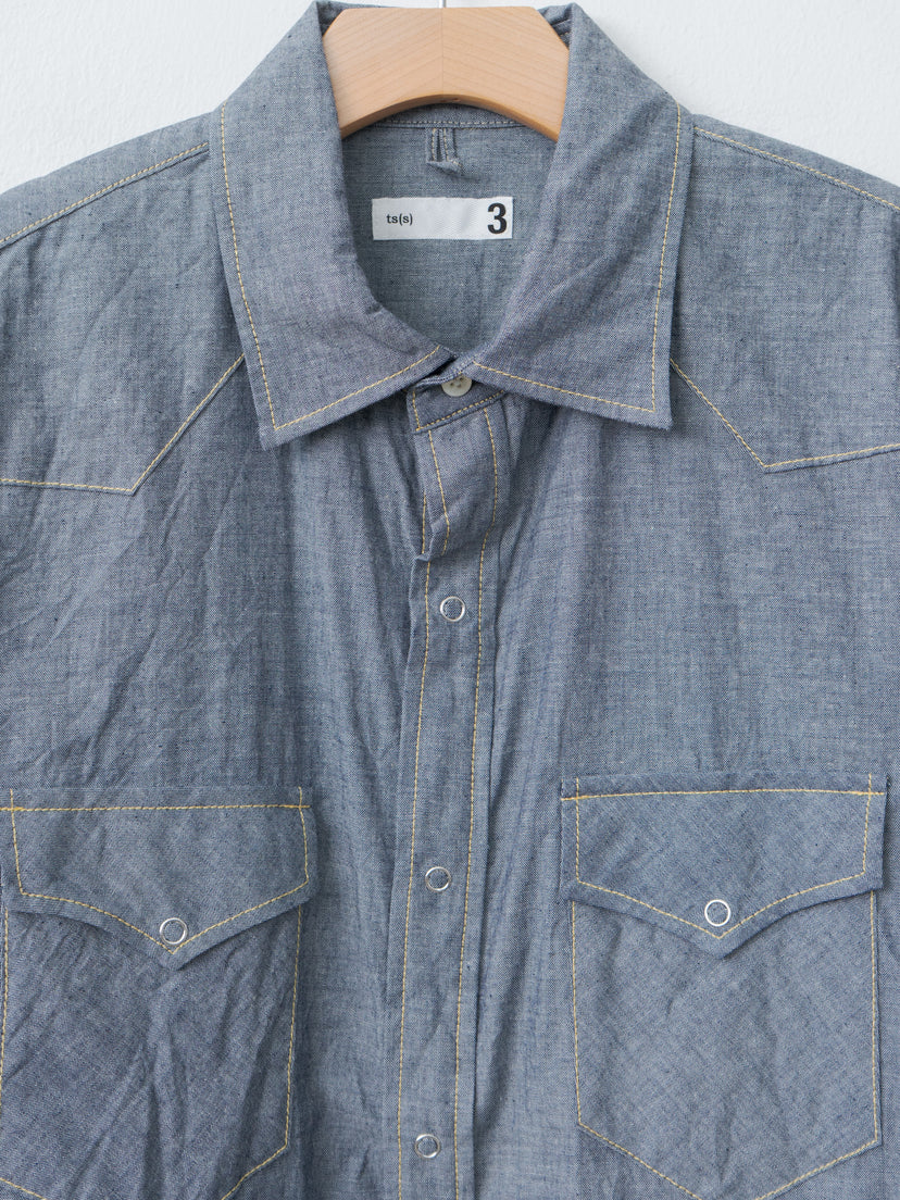 Namu Shop - ts(s) Indigo Cotton Chambray Yellow Stitch Western Shirt - Navy