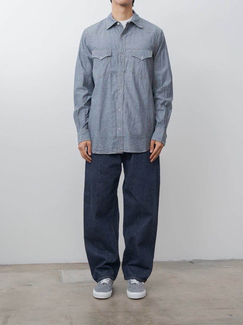Namu Shop - ts(s) Indigo Cotton Chambray Yellow Stitch Western Shirt - Navy