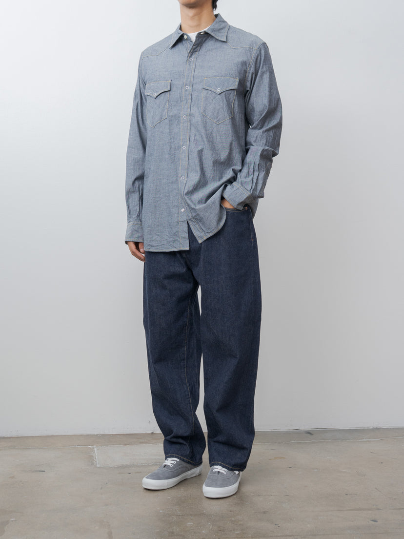 Namu Shop - ts(s) Indigo Cotton Chambray Yellow Stitch Western Shirt - Navy