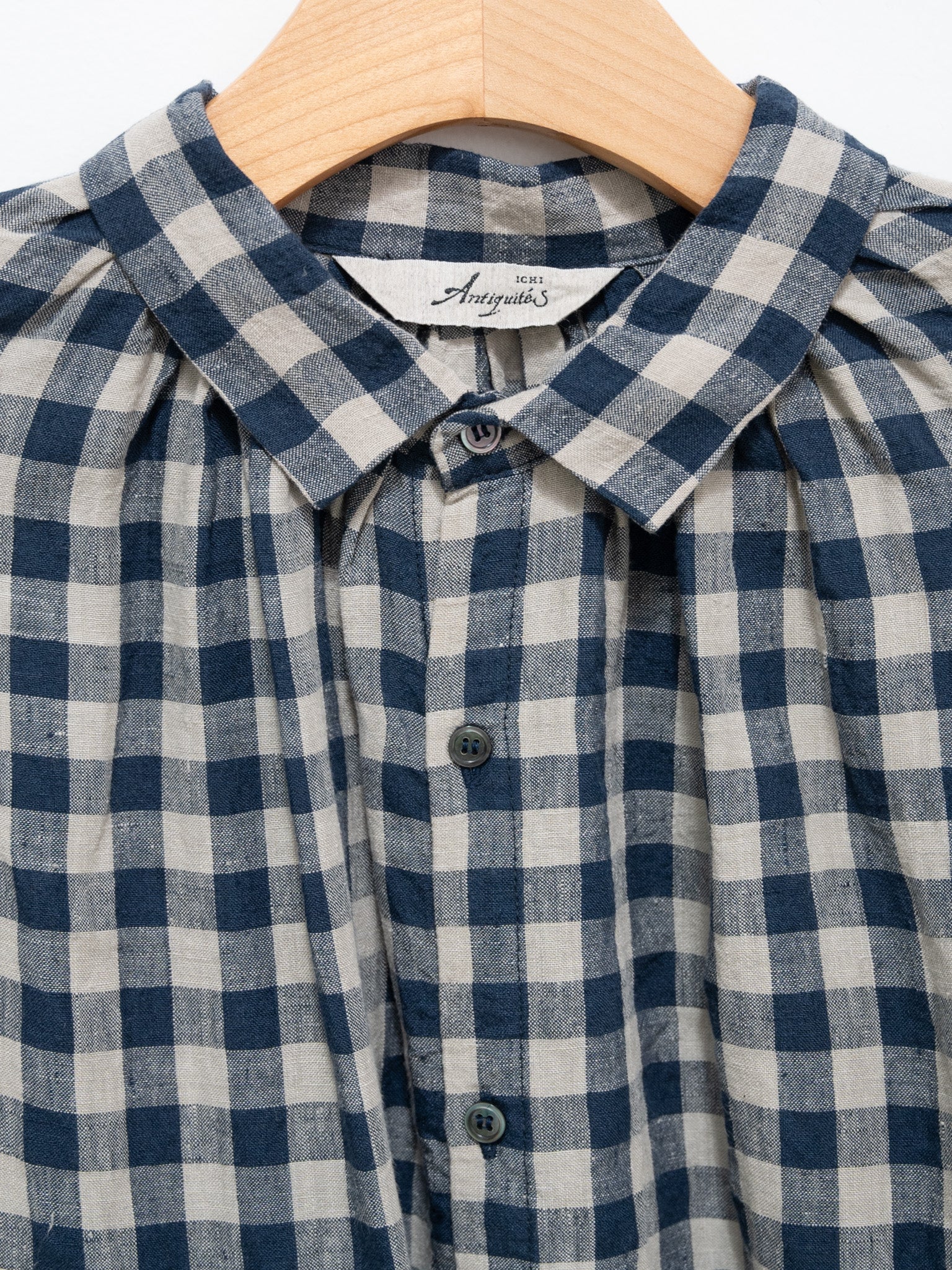 Namu Shop - Ichi Antiquites AZUMADAKI Linen Gingham Shirt - Beige x Navy