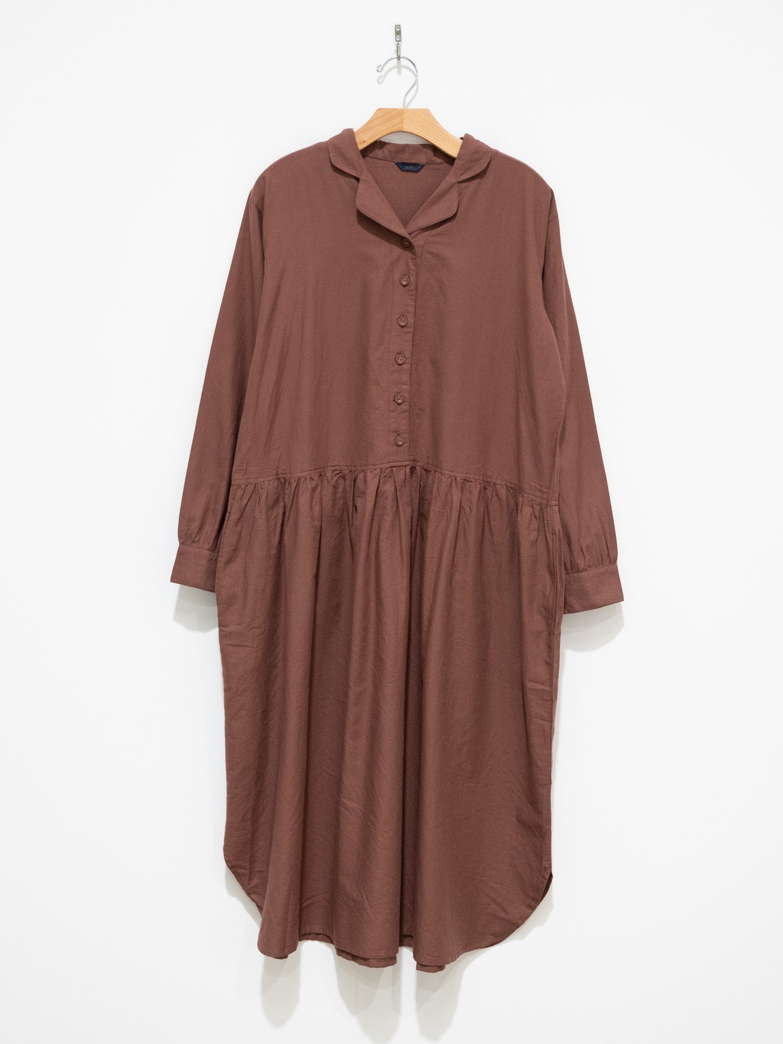 Namu Shop - ICHI Open Collar Gather Dress - Brown