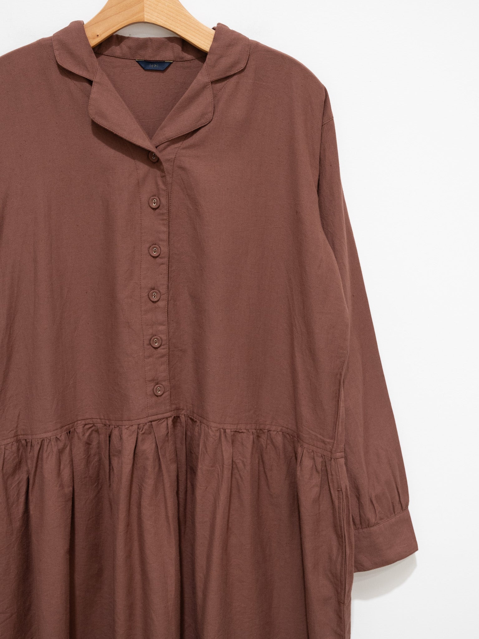 Namu Shop - ICHI Open Collar Gather Dress - Brown