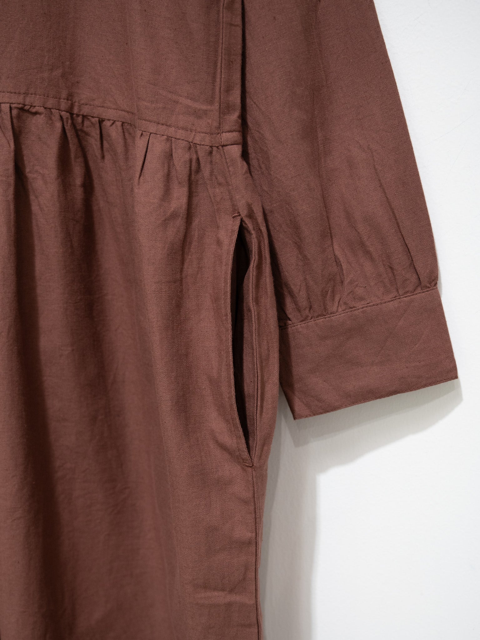 Namu Shop - ICHI Open Collar Gather Dress - Brown