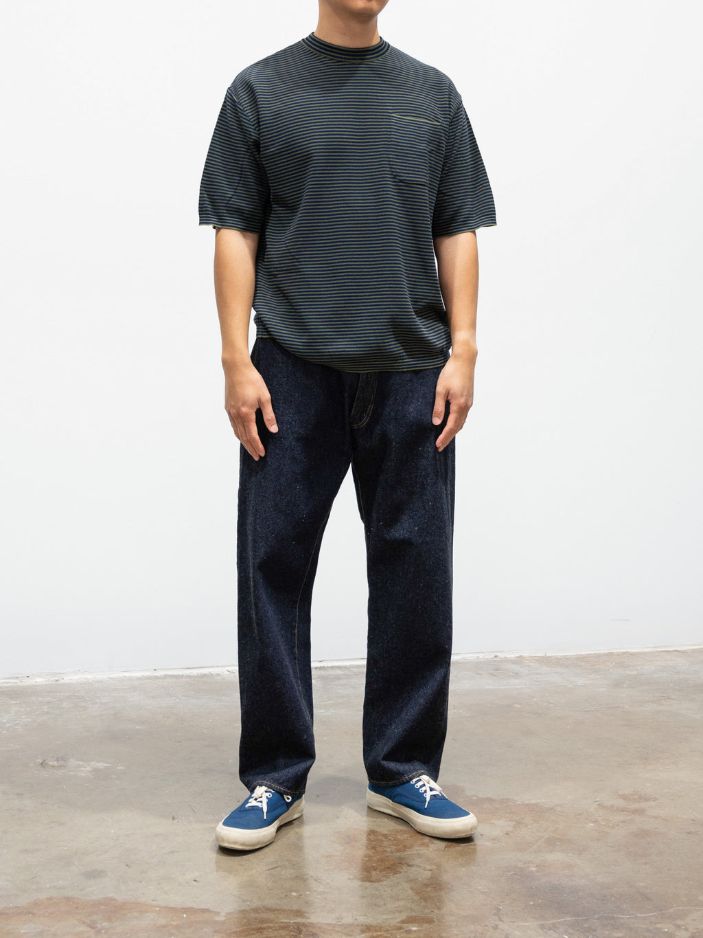 Namu Shop - Kaptain Sunshine Crewneck Knit Border Pocket Tee - Green/Navy