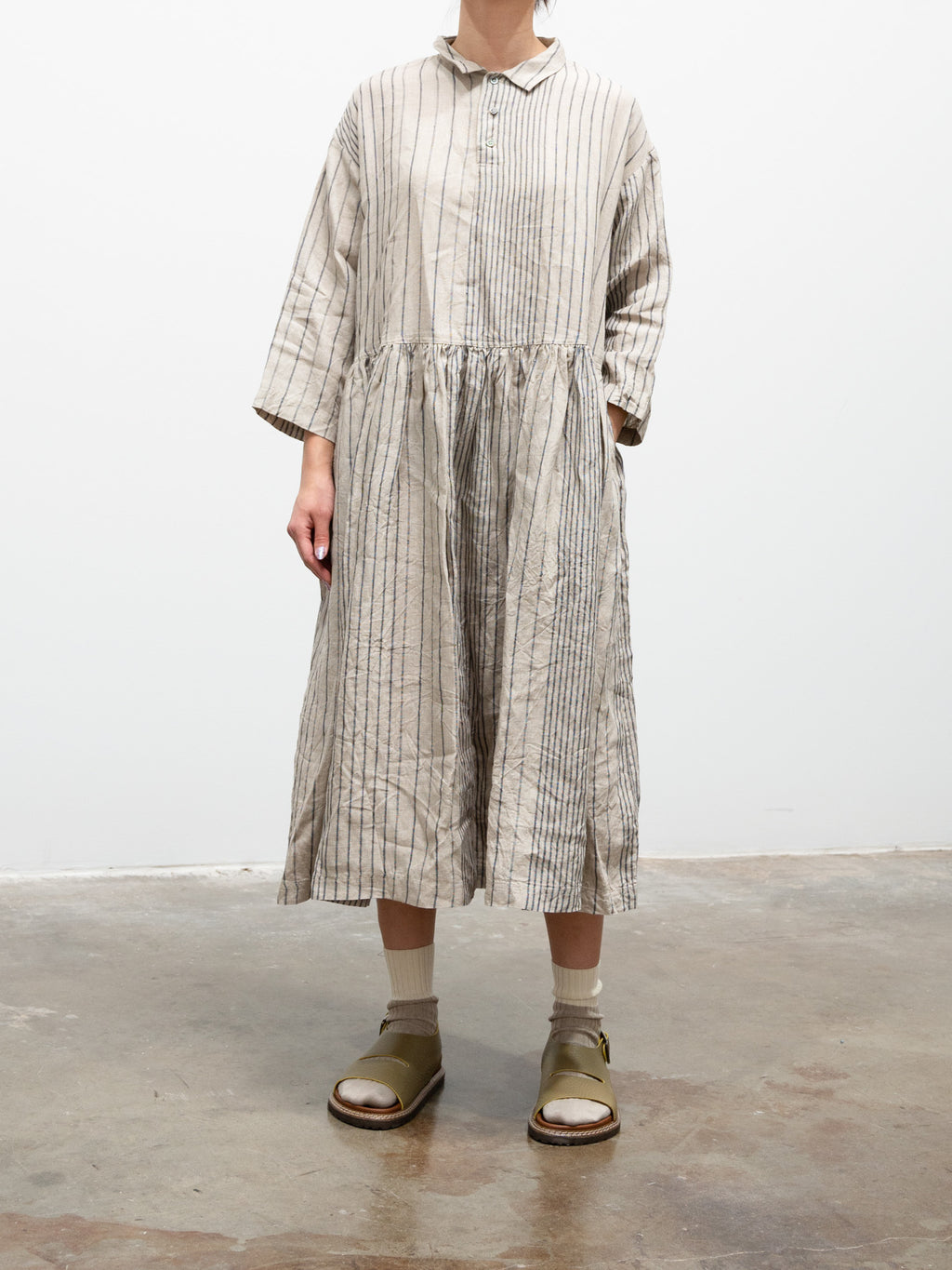 Namu Shop - Ichi Antiquites Linen Random Stripes Dress - Natural