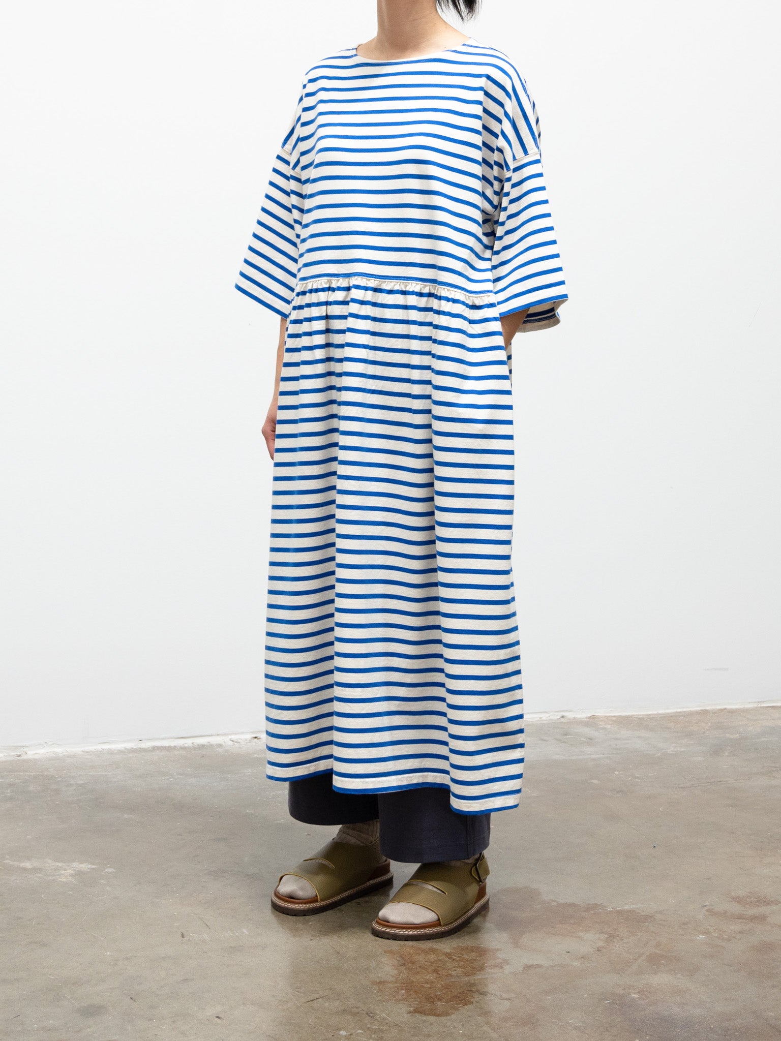Namu Shop - ICHI Border Gather Dress - Natural x Blue