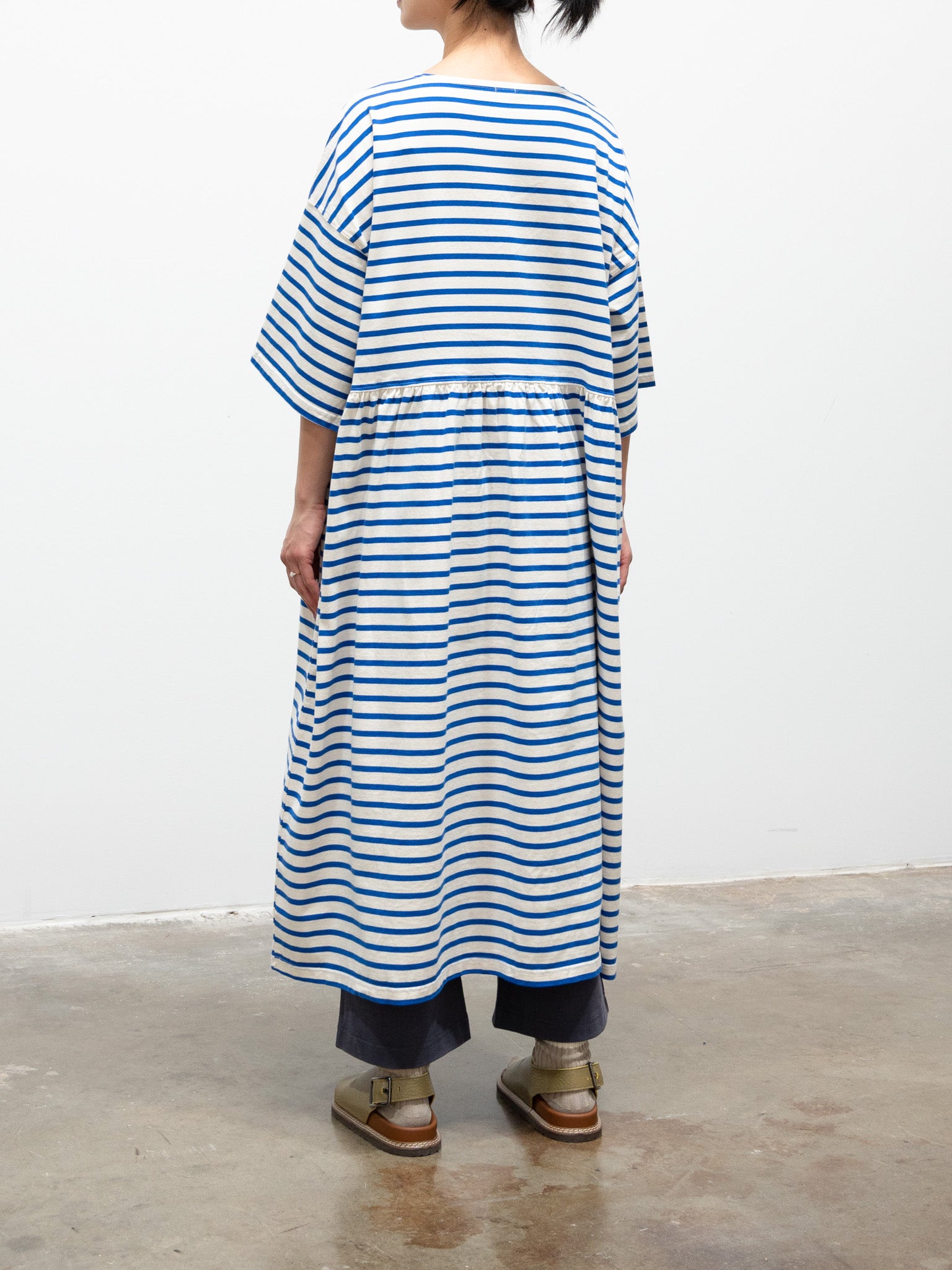 Namu Shop - ICHI Border Gather Dress - Natural x Blue
