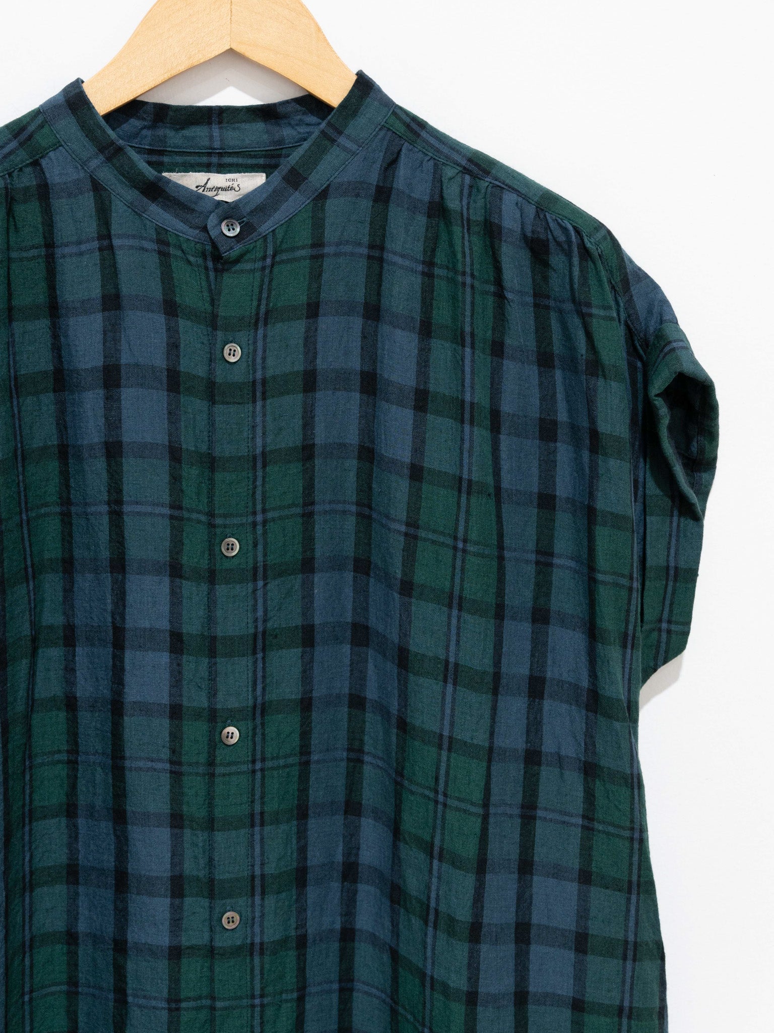 Namu Shop - Ichi Antiquites Linen Check Azumadaki Dress - Black Watch