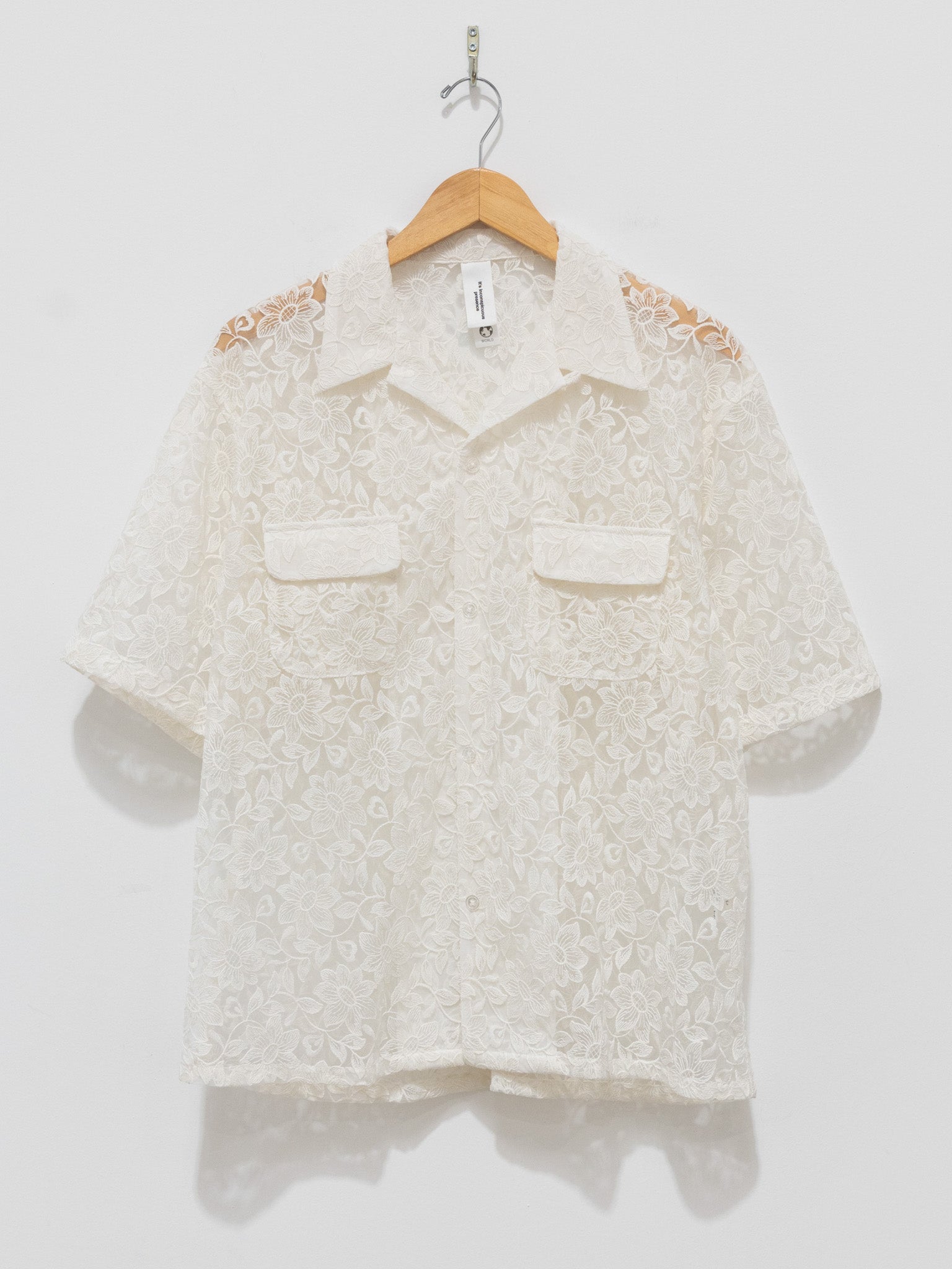 Namu Shop - Niche Open Collar S/S Shirt - White Mesh Flower