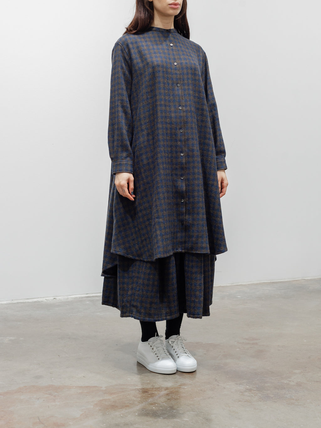 Namu Shop - ICHI Wool Gingham Long Shirt - Navy x Brown