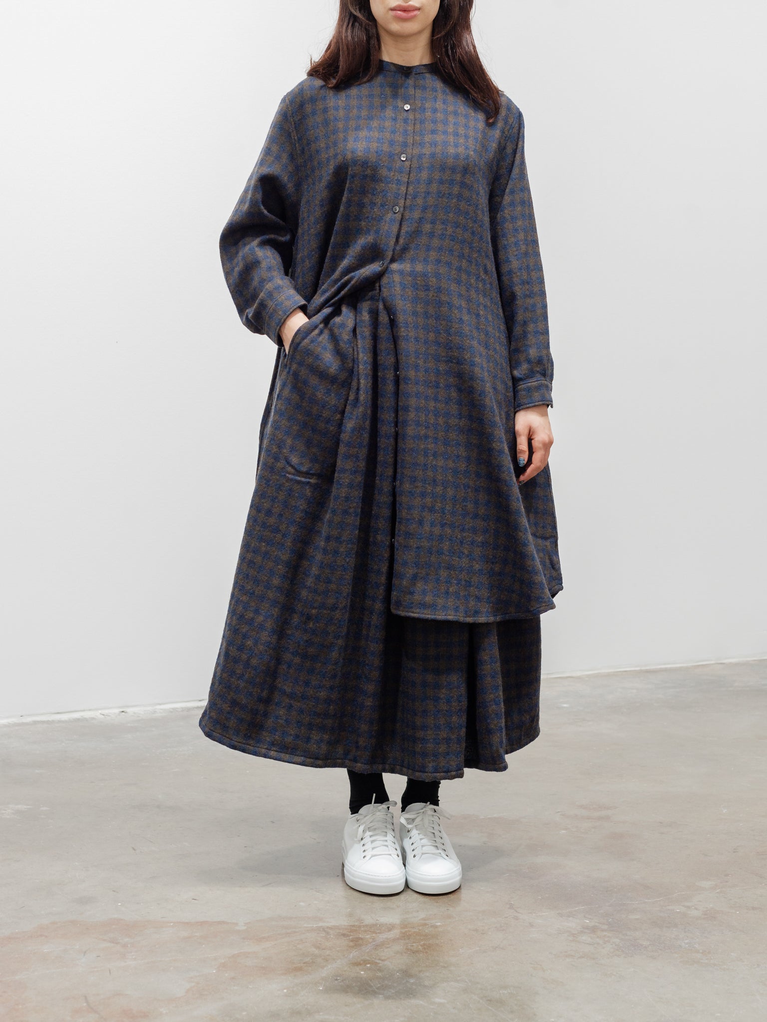 Namu Shop - ICHI Wool Gingham Long Shirt - Navy x Brown