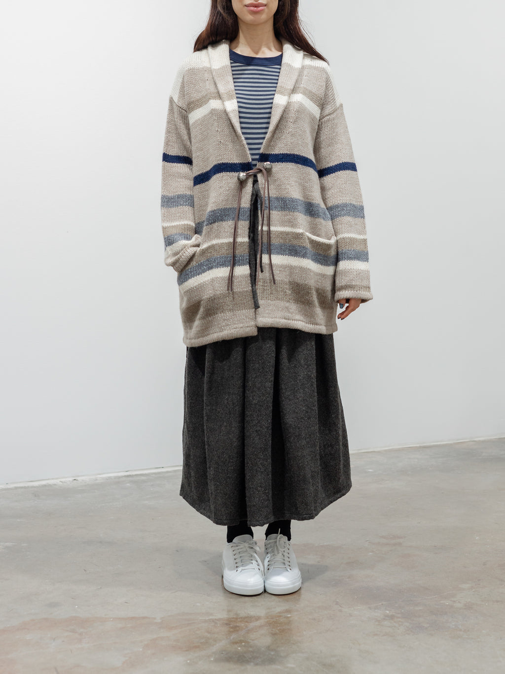 Namu Shop - ICHI Random Border Knit Cardigan - Beige