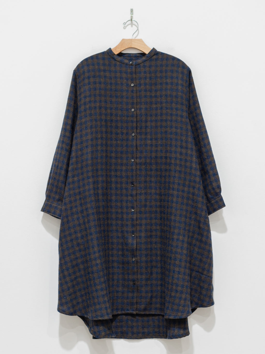 Namu Shop - ICHI Wool Gingham Long Shirt - Navy x Brown