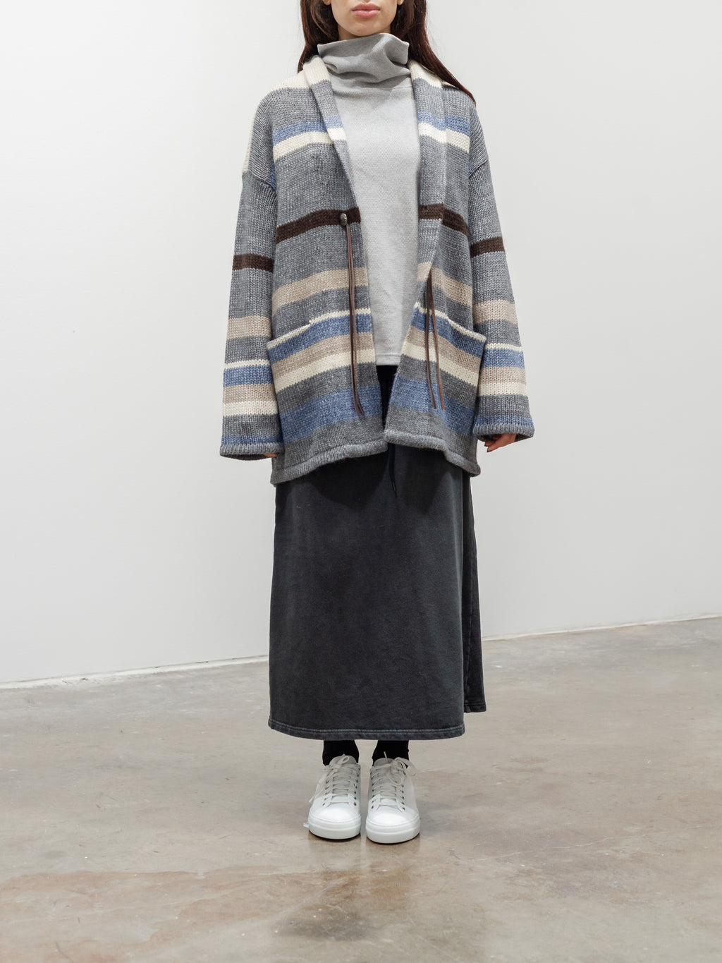 Namu Shop - ICHI Random Border Knit Cardigan - Gray