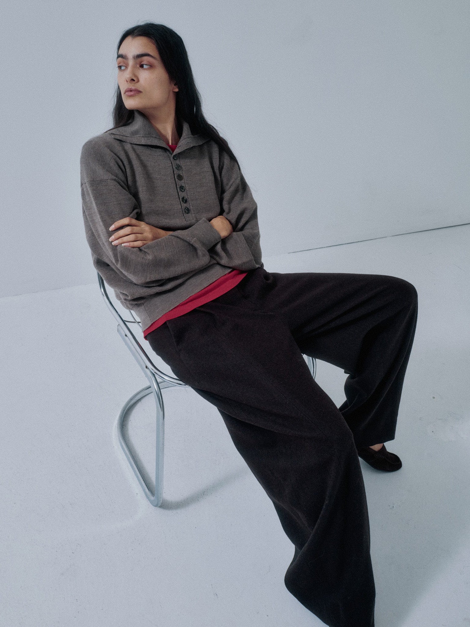 Namu Shop - Sayaka Davis Highneck Henley - Oatmeal, Eggplant