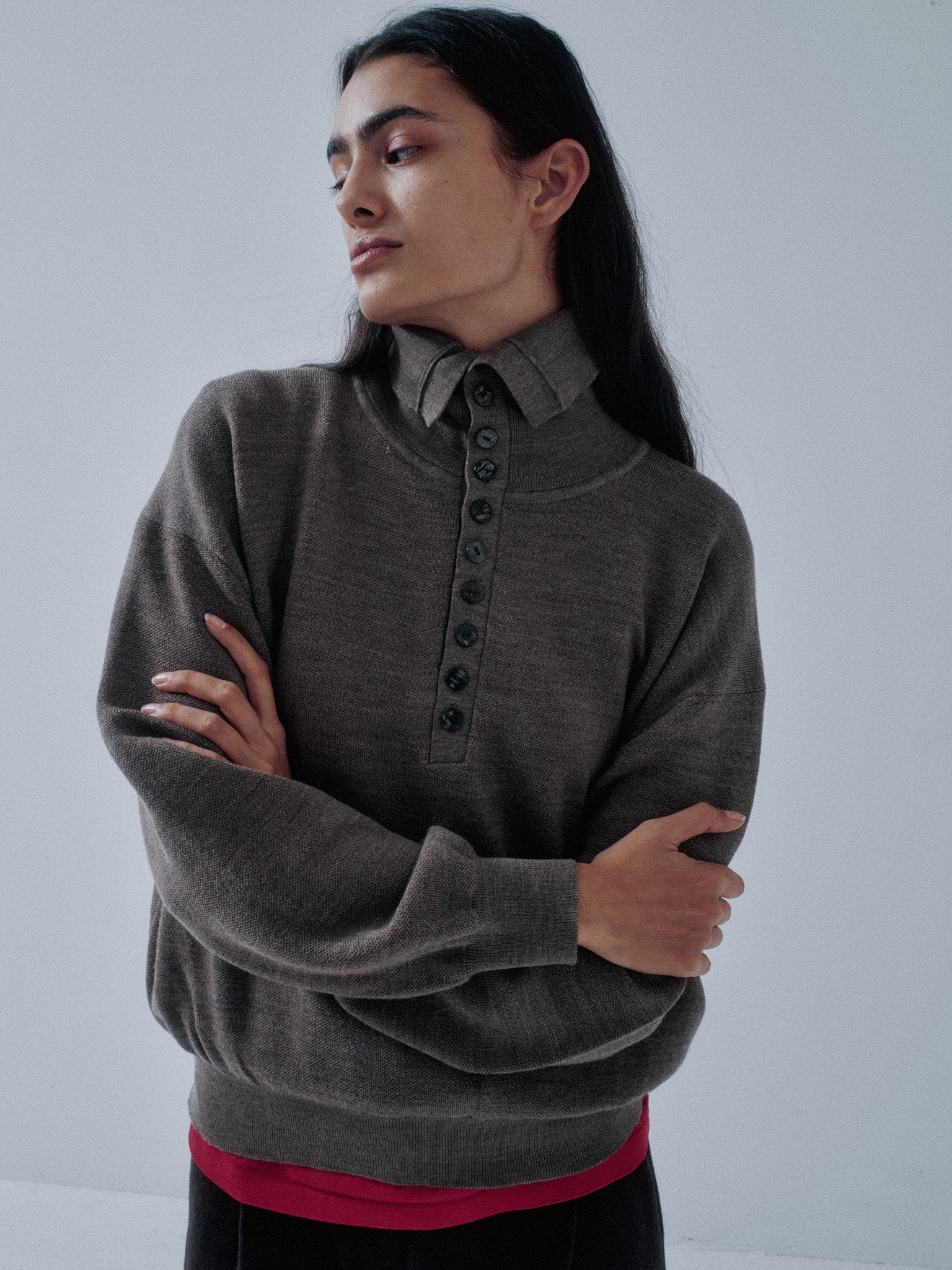 Namu Shop - Sayaka Davis Highneck Henley - Oatmeal, Eggplant