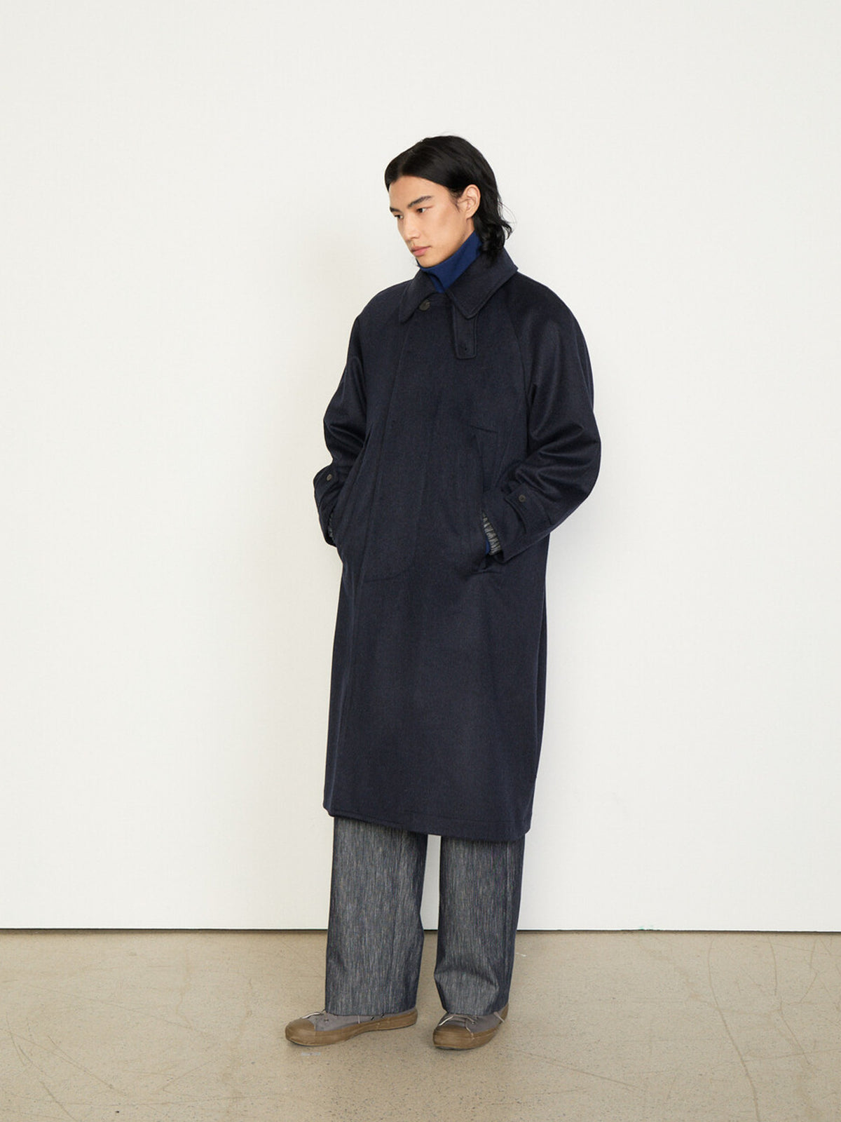 Namu Shop - Document Austria Himalaya Loden Inverted Pleats Balmacaan Coat - Navy