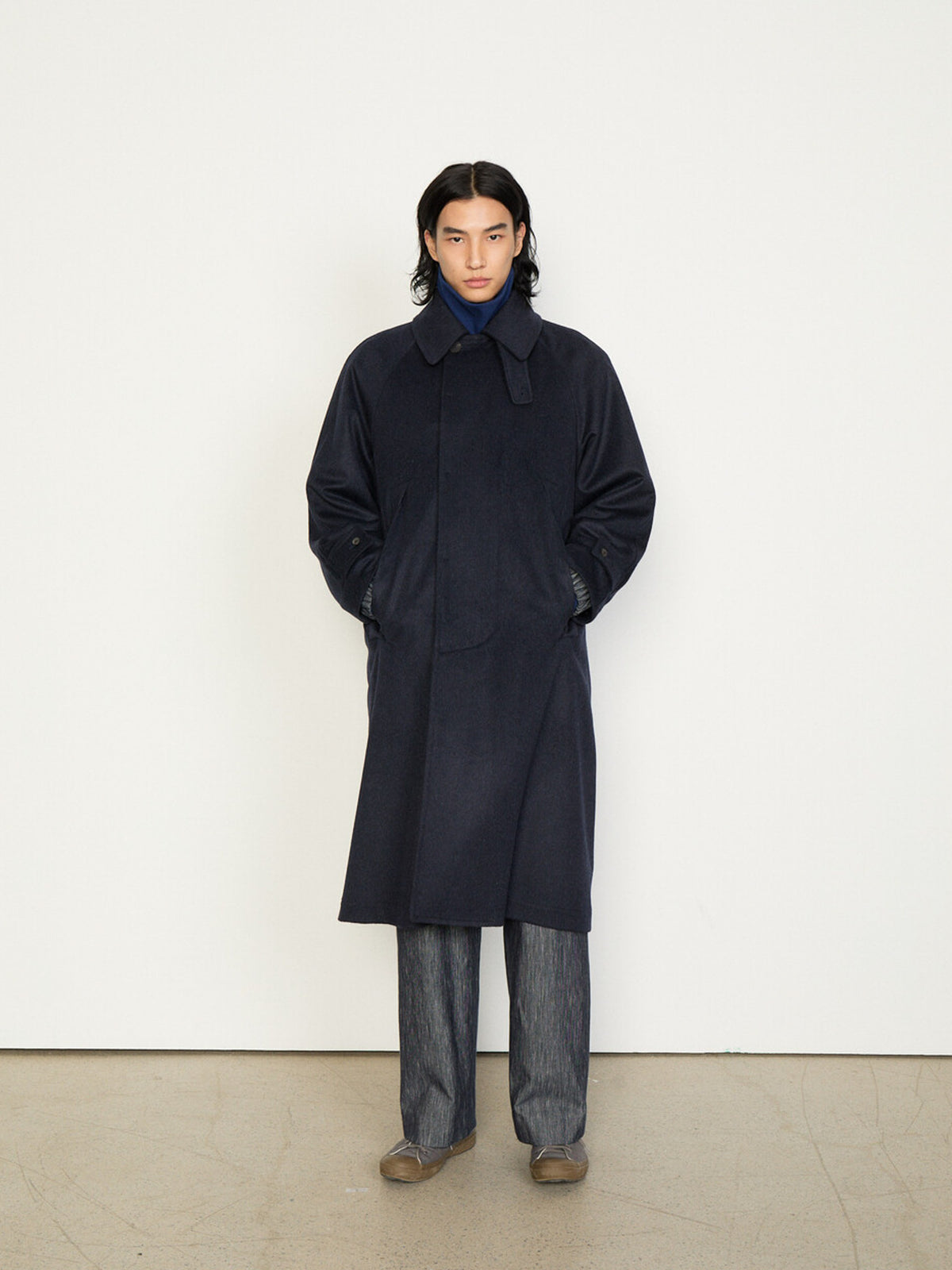 Namu Shop - Document Austria Himalaya Loden Inverted Pleats Balmacaan Coat - Navy