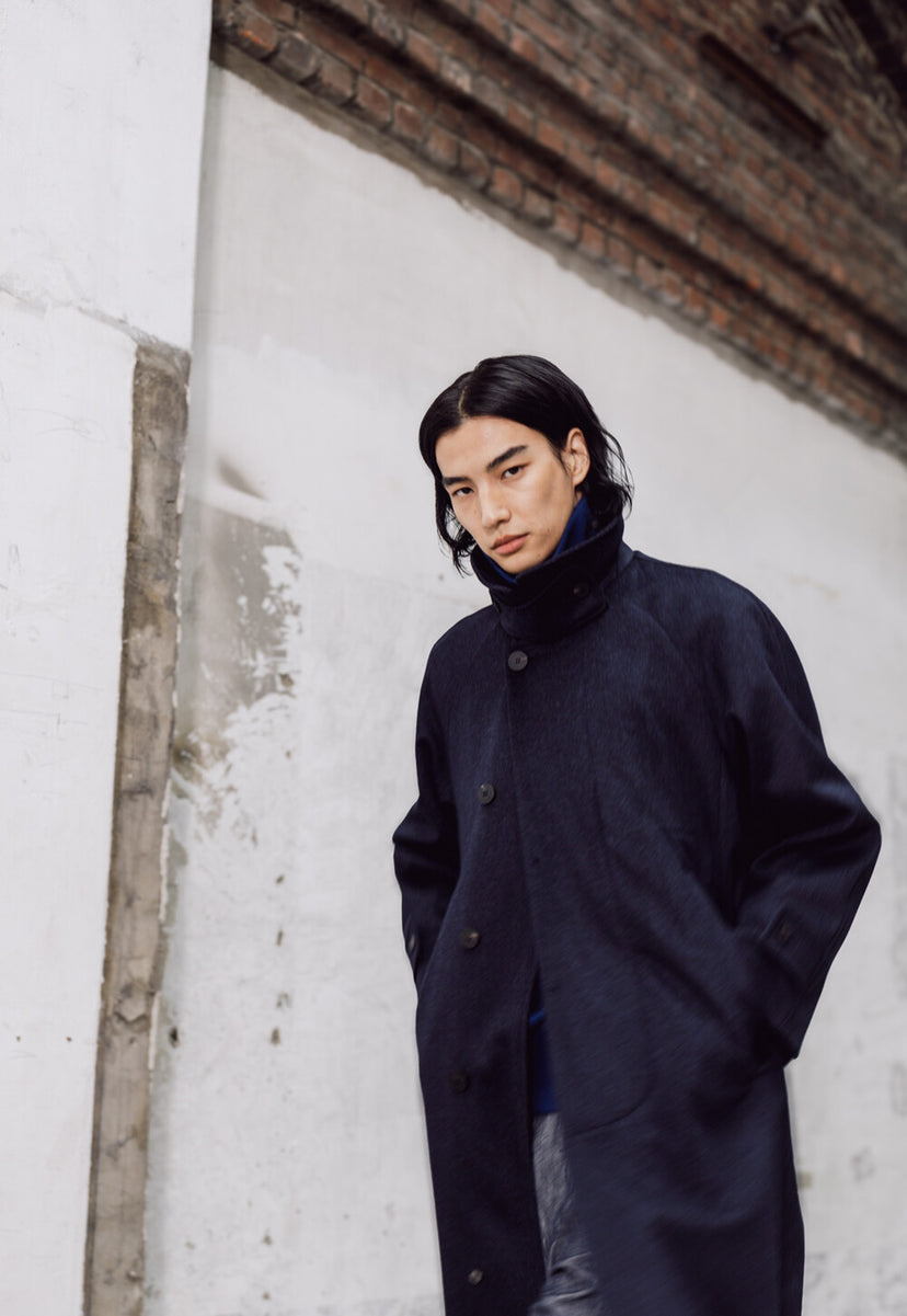 Namu Shop - Document Austria Himalaya Loden Inverted Pleats Balmacaan Coat - Navy