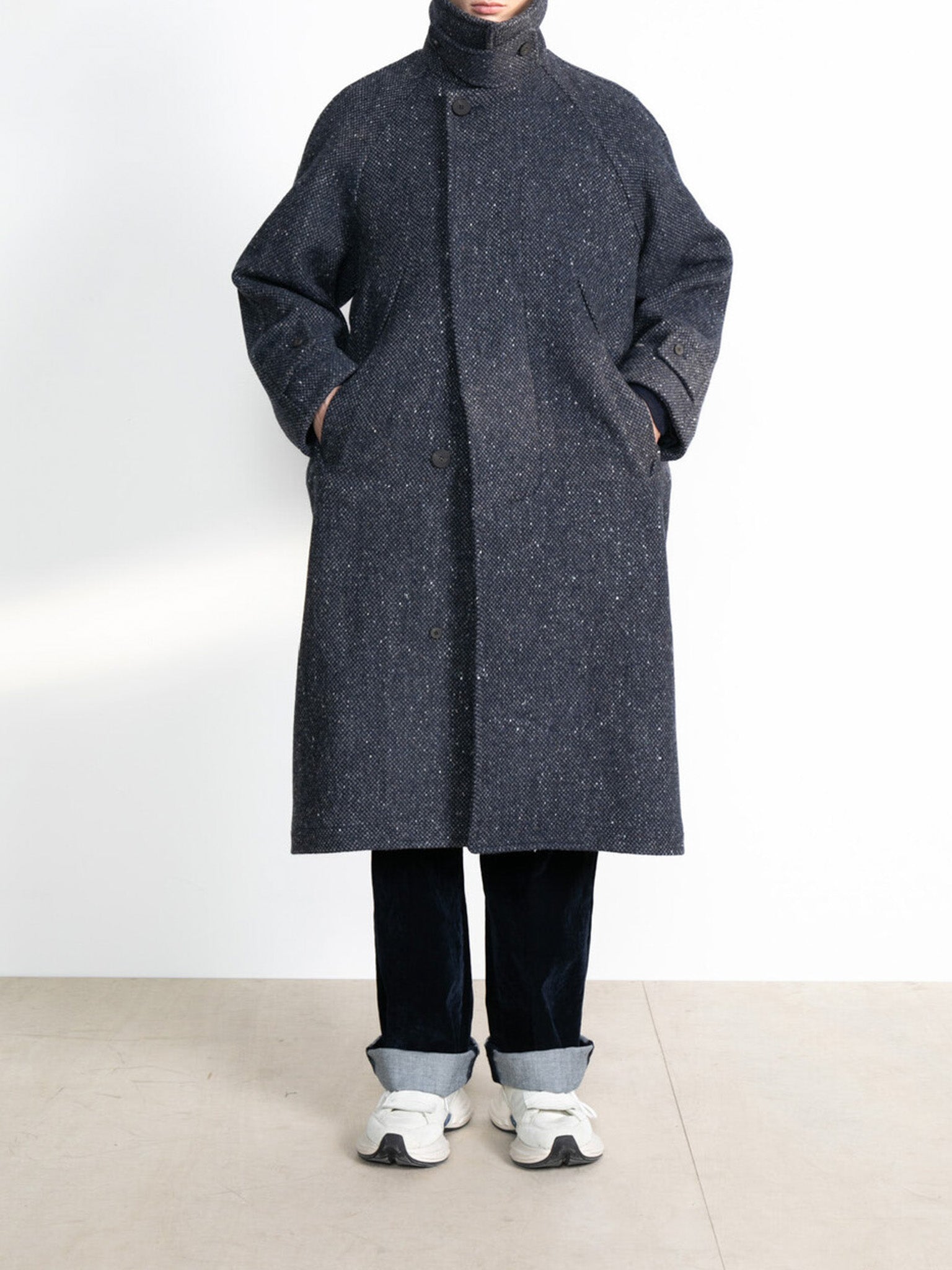Namu Shop - Document Donegal Tweed Inverted Pleats Balmacaan Coat - Navy